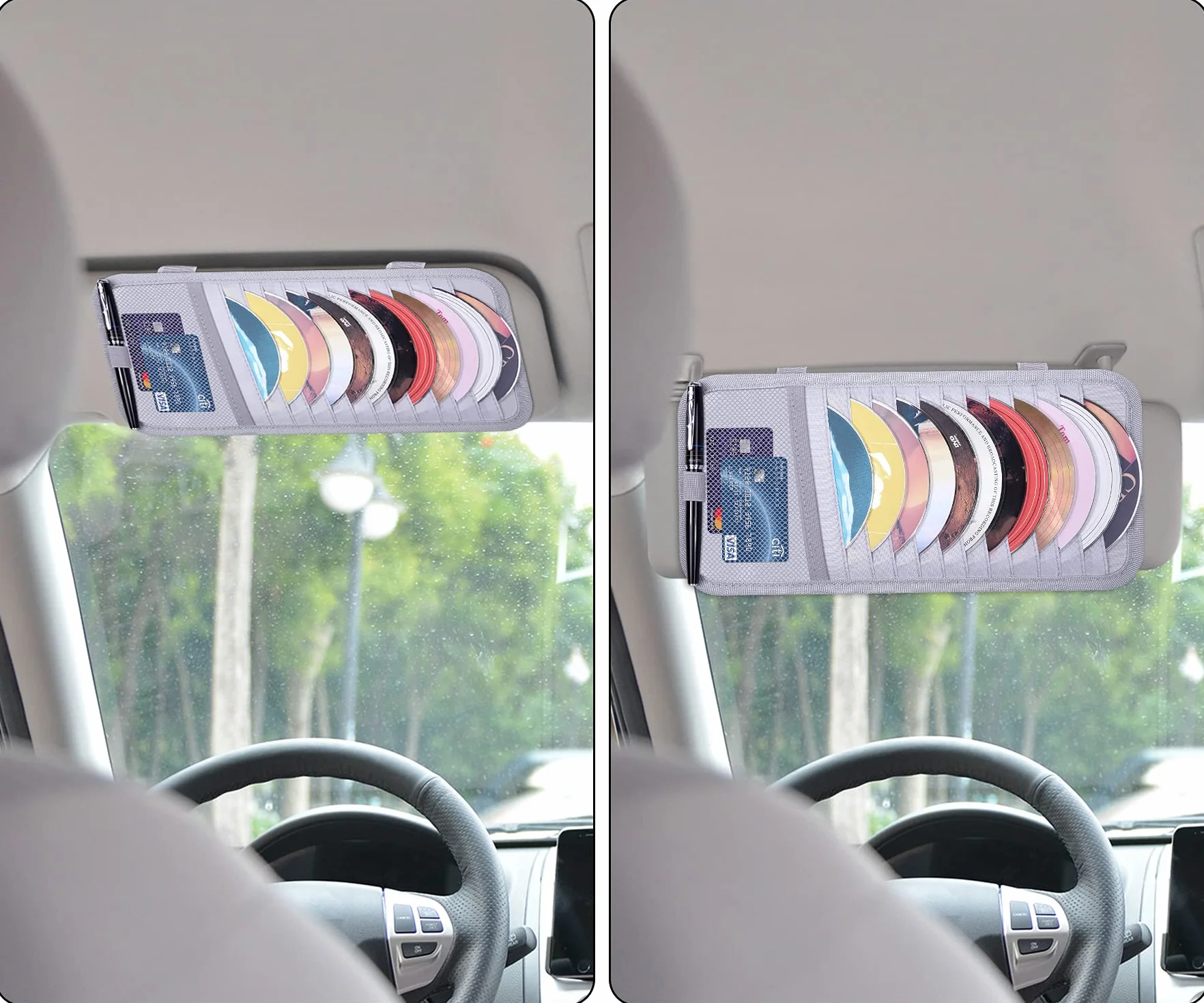 Wisdompro Samochodowe etui na płyty CD, organizer na osłonę przeciwsłoneczną, portfel do samochodów z 12 rękawami do przechowywania DVD, 1 kieszenią siatkową, 1 uchwytem na długopis i elastycznym