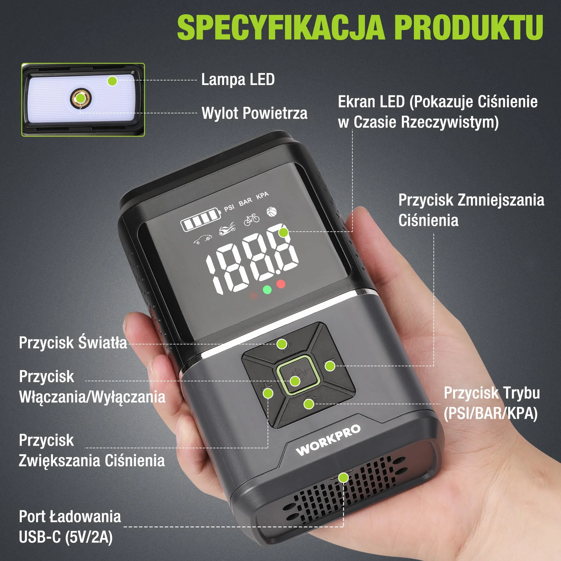 WORKPRO Bezprzewodowa sprężarka powietrza, 2500 mAh, 7,2 V, przenośna sprężarka powietrza z 4 trybami, 150 PSI, inteligentny cyfrowy wyświetlacz LED, SOS do samochodu, motocykla, piłki, rowerów