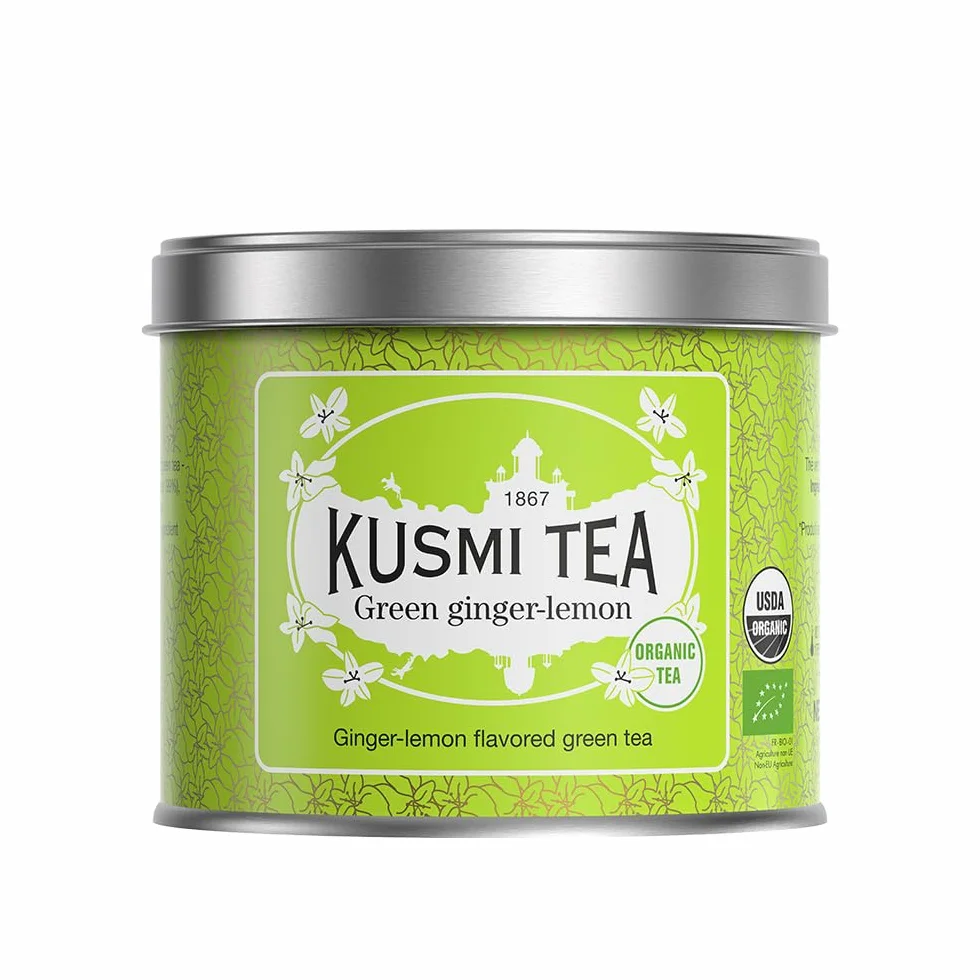 Kusmi Tea - Ginger Lemon Green Tea - Organiczna mieszanka zielonej herbaty z imbirem i cytryną - Do picia na gorąco lub jako herbata mrożona - Metalowa puszka 100 g - na około 50 filiżanek
