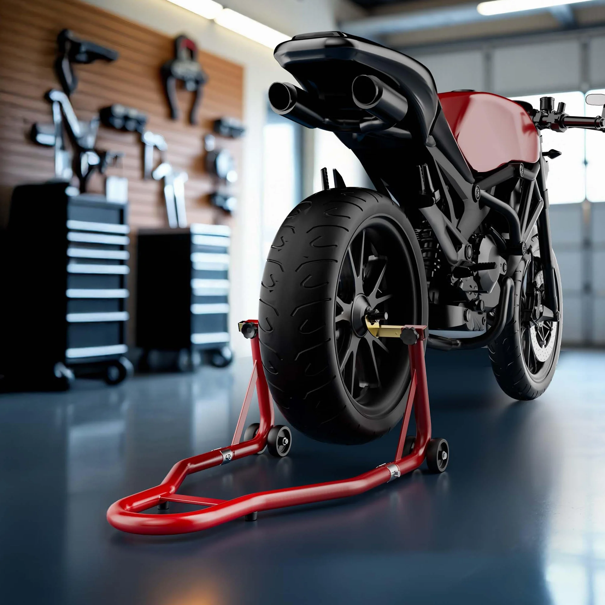 Wiltec Stojak na motocykl o wymiarach 370 x 325 mm do tylnego koła o szerokości 200-340 mm, stojak do serwisu koła motocyklu