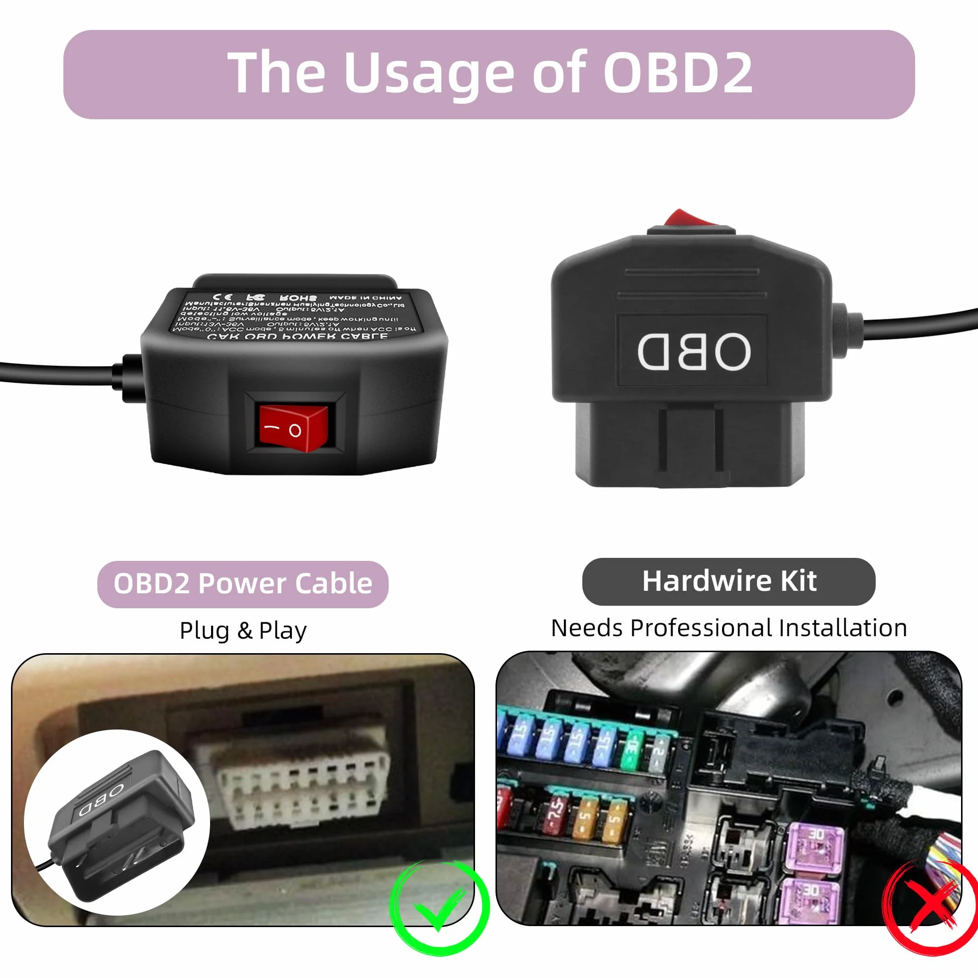 Kabel zasilający OBD do kamery na desce rozdzielczej, adapter przewodowy micro USB na OBD-II ze złączem przycisku przełącznika tryb monitora/tryb ACC (11,5 stóp/3,5 m)