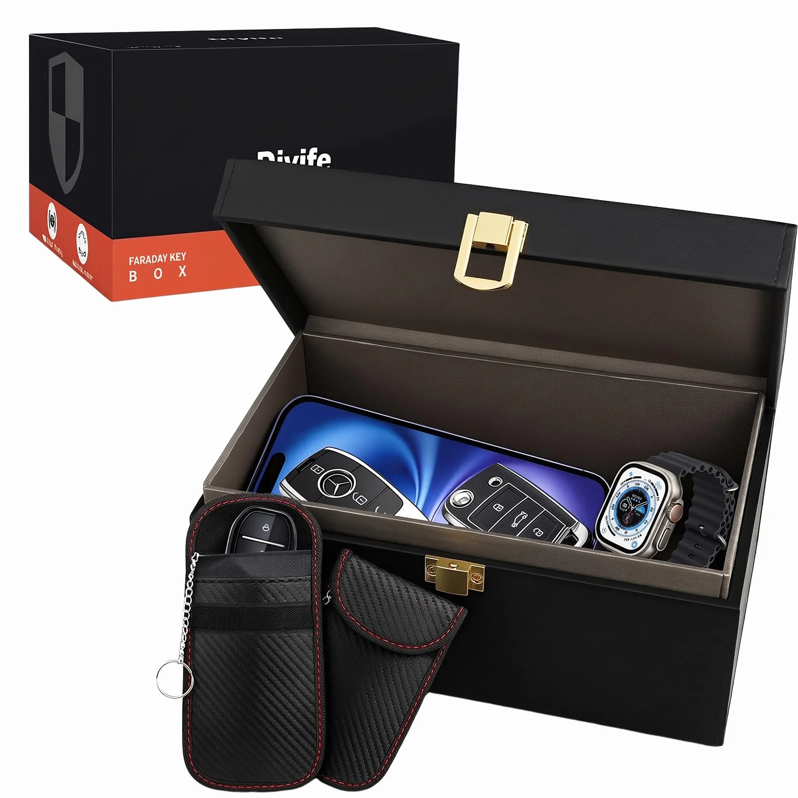 Skrzynka na Kluczyki Samochodowe Faraday Box (XL) z 2 Grubszymi Woreczkami, Ochroną Keyless Go, Skrzynka Ekranująca Sygnał RFID dla Kluczyków Samochodowych, Kart Kredytowych, 22 x 13 x 10,3 cm