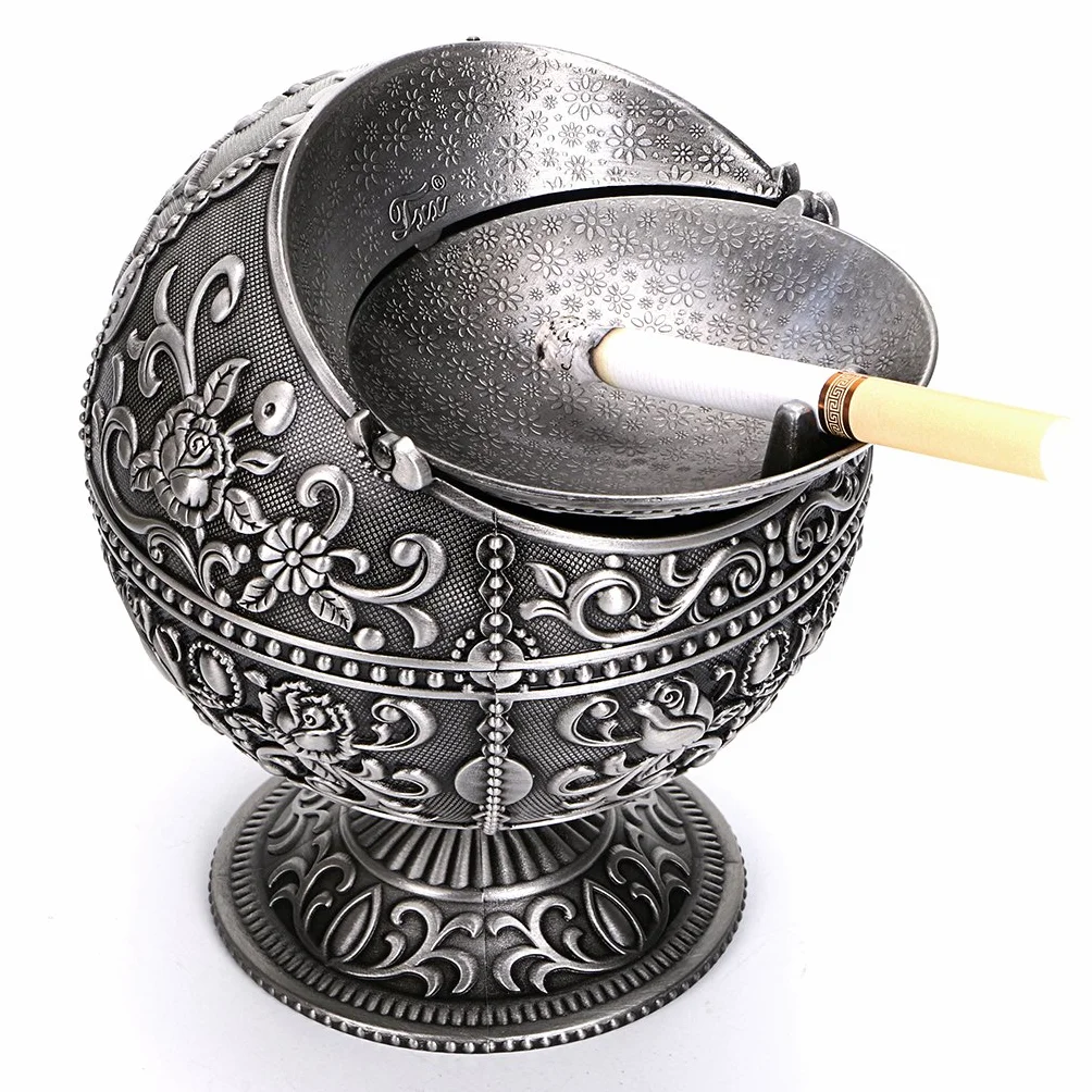 BSTKY Windfester Vintage-Aschenbecher mit Deckel - Klassisches Burgenmuster, Tisch-Aschenbecher, für drinnen und draußen, Retro, für zu Hause, Büro, als Dekoration silber