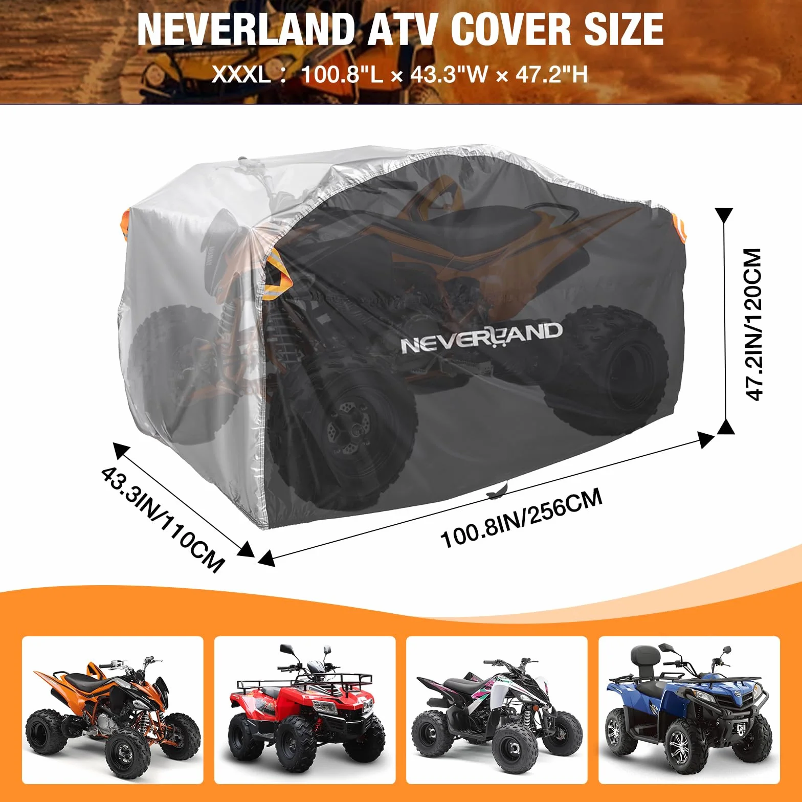 Neverland Plandeka okryciowa na quad i ATV, wodoszczelna, do zewnątrz i wewnątrz, z wiatroszczelną klamrą, odporna na śnieg i grad, pyłoszczelna, 256 x 110 x 120 cm