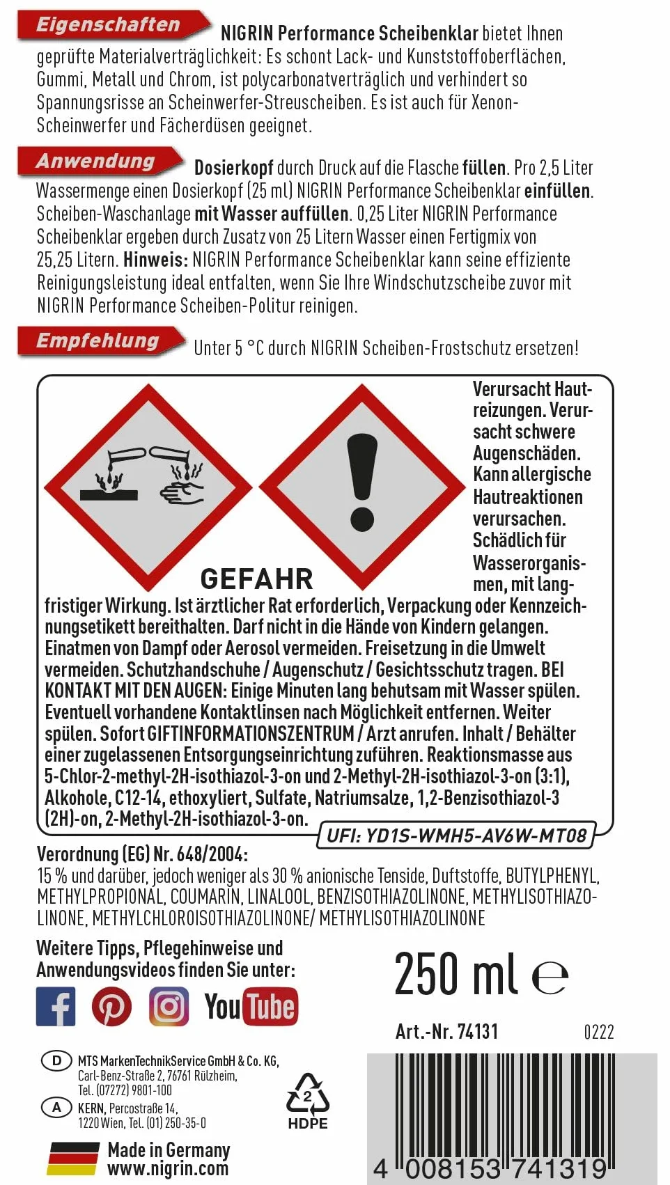 NIGRIN Scheibenklar koncentrat 1:100, 250 ml, bezbarwny