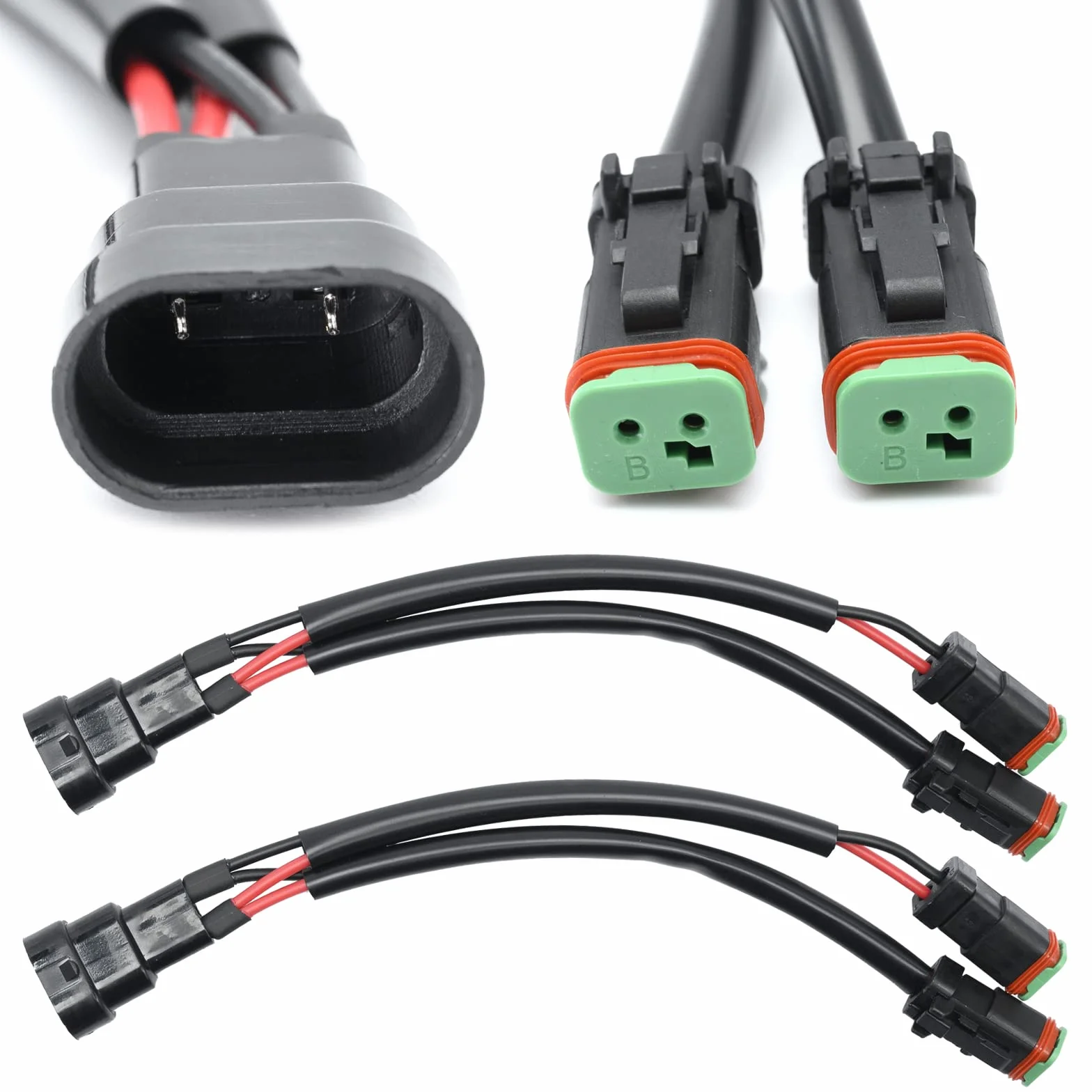 2 szt. adaptery rozgałęźne kształtu Y z podwójnym wyjściem 9145/H12 9055/HB3 9005/HB4 do złącza Deutsch DT DTP DT06-2S, zestaw przewodów do świateł roboczych LED, listwy świetlnej LED, świateł