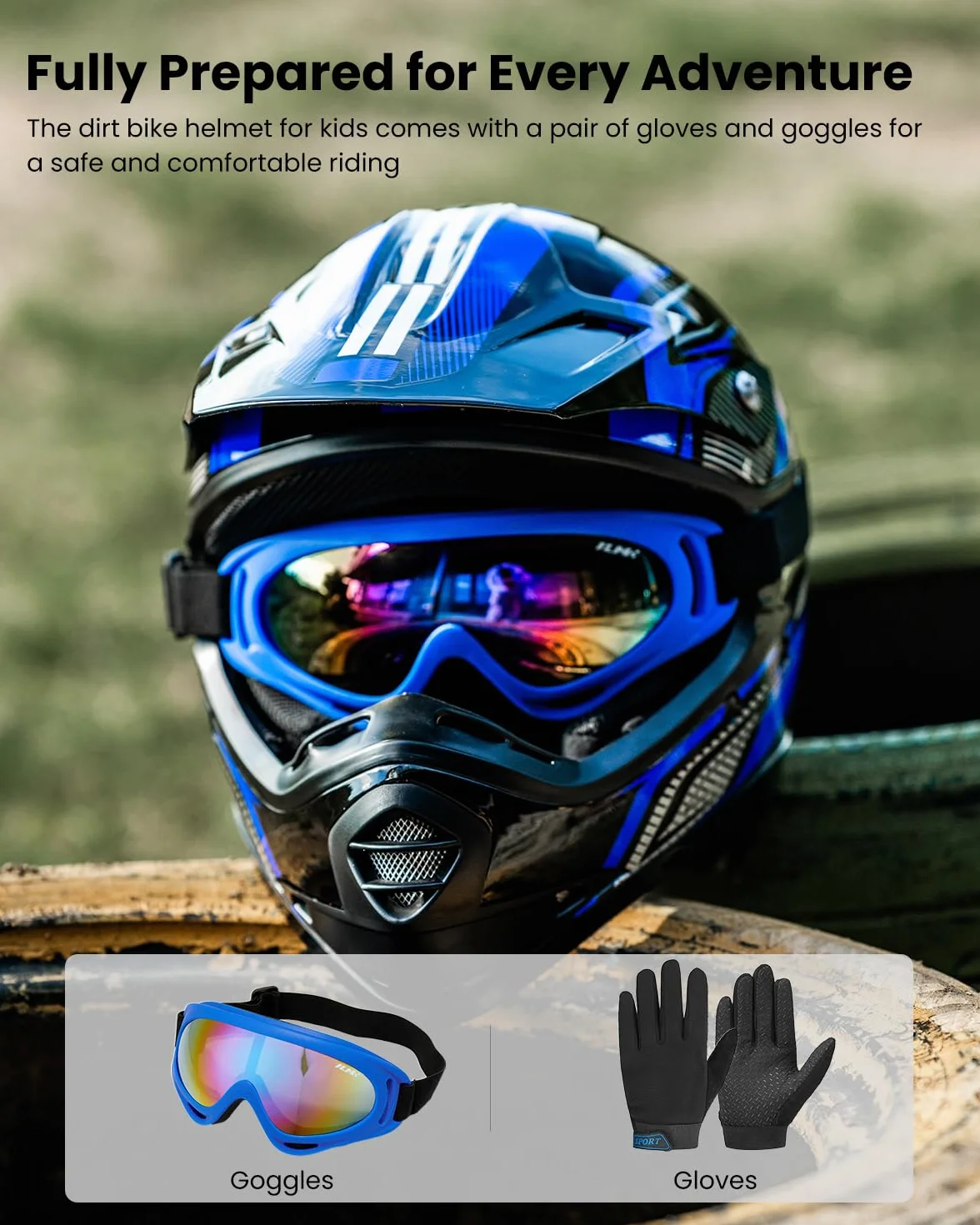 ILM Dziecięcy kask motocyklowy Cross Dirt Bike dla chłopców i dziewcząt, uniseks, homologacja ECE22.06 Full Face Off Road MTB ATV Enduro MTB z rękawicami Gogle Model B07, czarny niebieski, L