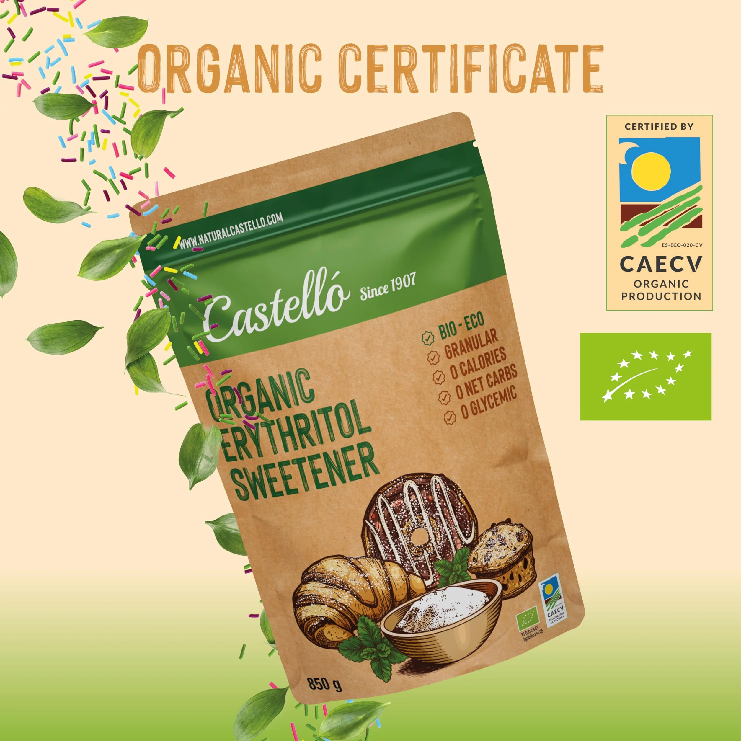 Słodzik z erytrytol Bio Organiczny Ekologiczny | 10g = 7g cukru | Zamiennik cukru - 0 Kalorii - 0 Indeks Glikemiczny - Keto i Paleo - 0 Węglowodanów Netto - Bez GMO - Castello since 1907-850 g