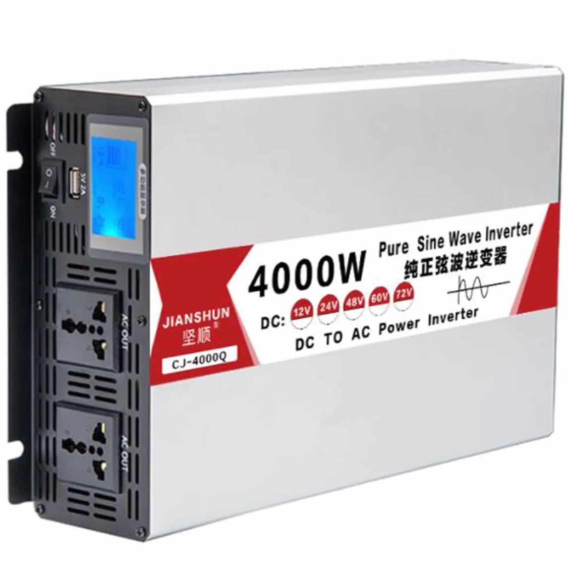 4000W 5000W 6000W 8000W czysta fala sinusoidalna przetwornica 12V/24V/48V/60V do 220V 230V konwerter samochodowy przetwornica napięcia z wyświetlaczem LCD 2 gniazda AC do samochodów,4000W-12V