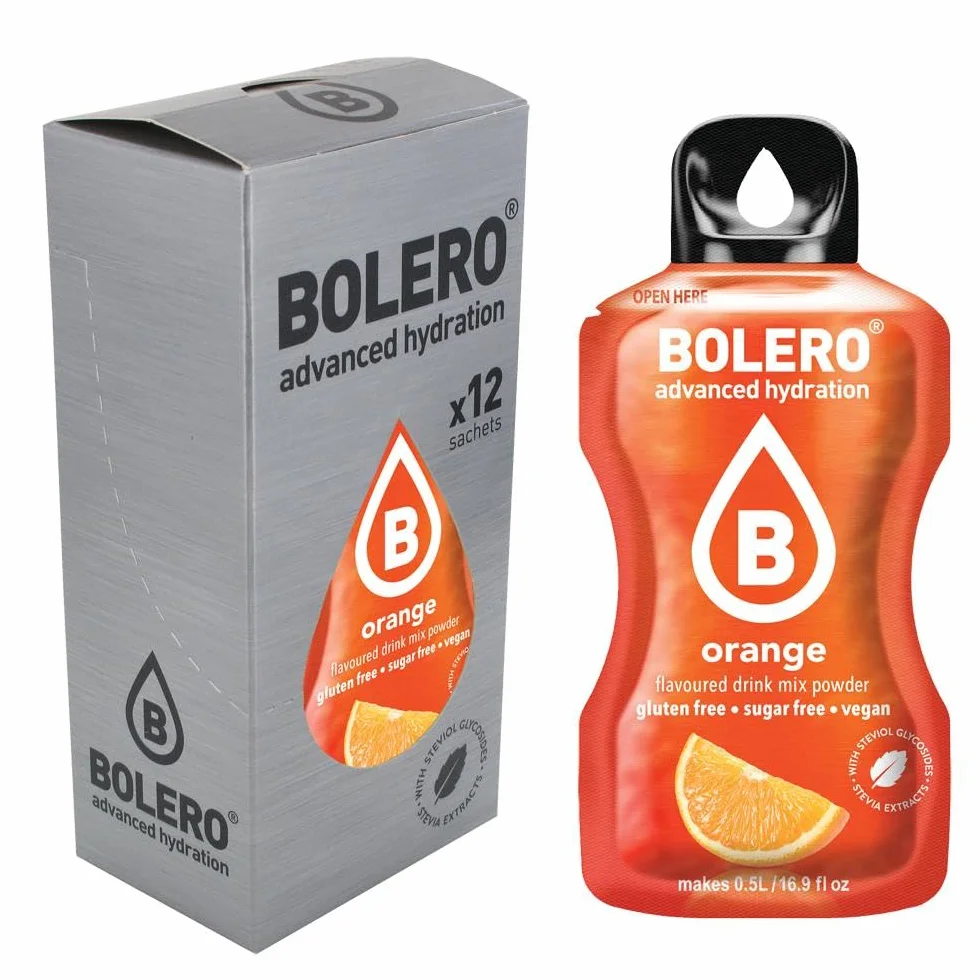 Bolero Pomarańczowy, 12 x 3 g, sok w proszku bez cukru, słodzony stewią + witaminą C, odpowiedni dla dzieci, sportowców i cukrzyków, bez glutenu i wegan