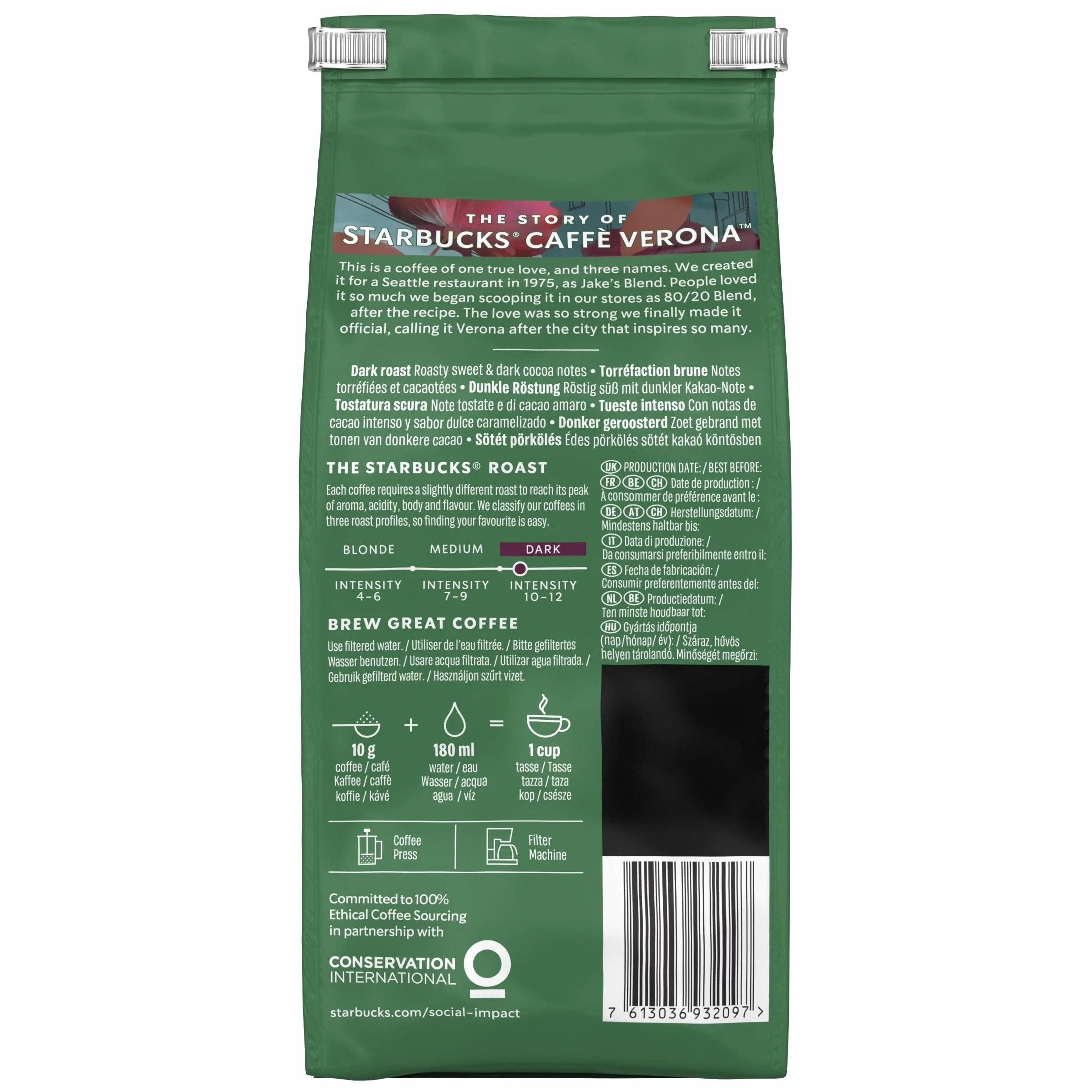 STARBUCKS Caffè Verona, Dark Roast, Kawa Mielona 200g (6 sztuk w zestawie)