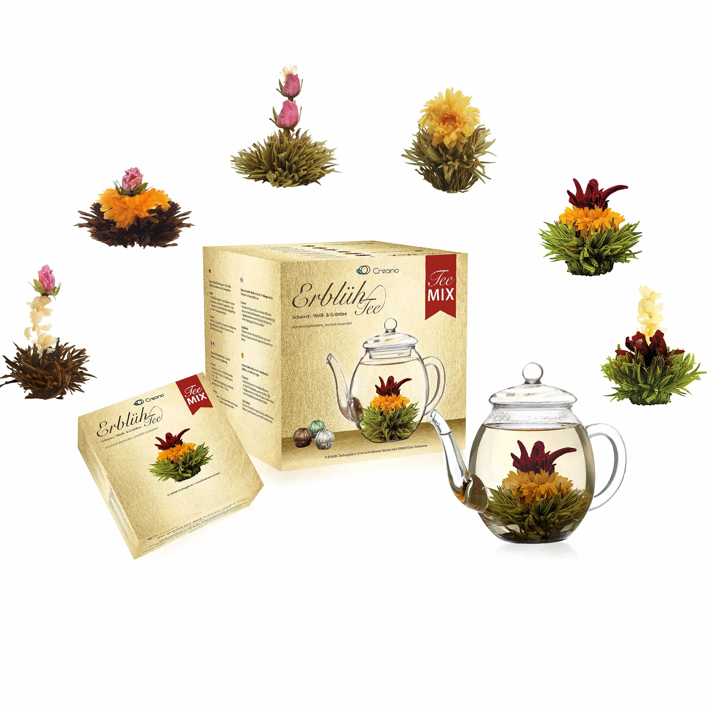 Zestaw upominkowy Creano Flowering Tea Mix – Złoty, Herbata Kwitnąca w Szklanym Imbryku, Biała, Zielona i Czarna Herbata w 6 Odmianach, Prezent dla Kobiety, 7 Sztuk