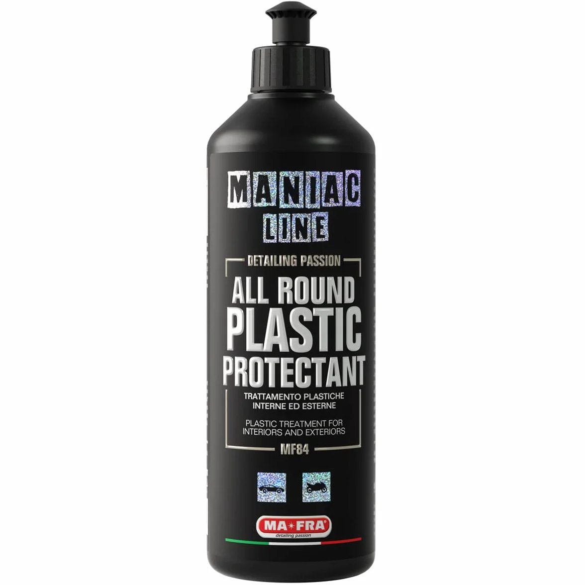 Ale-fra, Maniac Car Detailing Line, cały okrągły plastikowy ochraniacz, kompleksowa obróbka do wszystkich zewnętrznych i wewnętrznych tworzyw sztucznych samochodu, chroni i ożywia tworzywa sztuczne i