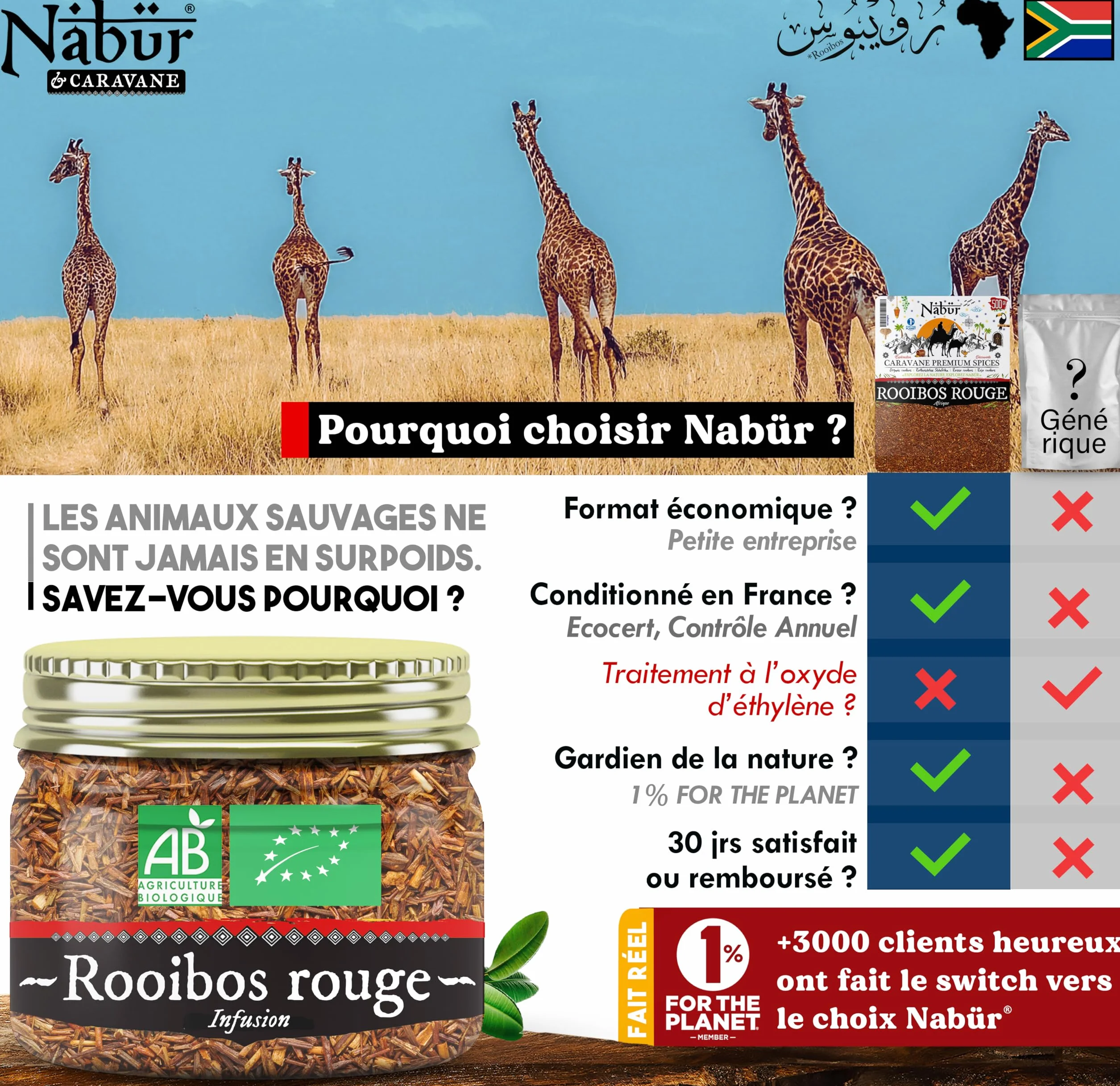 Nabür - Rooibos Rouge BIO 1kg | Thé Rouge Antioxydant | Sans Théine/Caféine | Doux, Relaxant, Riche (1000gr)