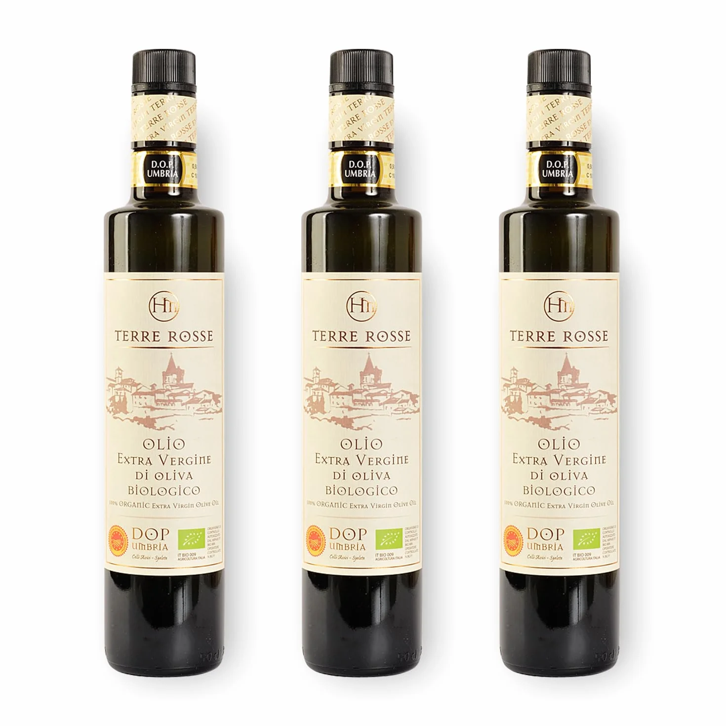 Terre Rosse - Włoska Organiczna Oliwa z Oliwek Extra Virgin Tłoczona na Zimno - Monokulturowa Moraiolo - Certyfikaty DOP Umbria i Kosher/P - Olive Harvest 2024 - Opakowanie 3 Butelki 500 ml