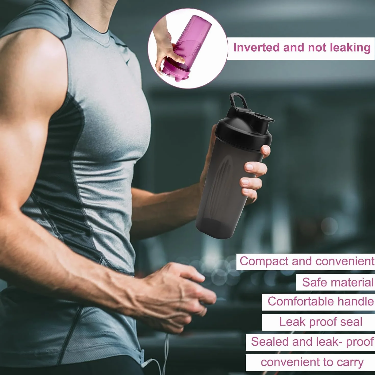 Shaker proteinowy 600 ml szczelny z kulką do mieszania fitness