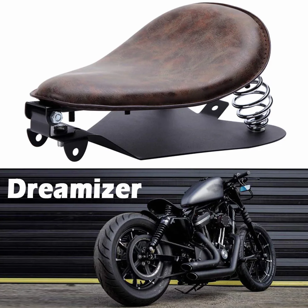 DREAMIZER motocyklowe skórzane siedzisko bobber, retro motocyklowe pojedyncze siedzenie ze wspornikiem sprężynowym, płyta podstawowa, zamiennik dla Sportster XL883 1200 48 Chopper, niestandardowe