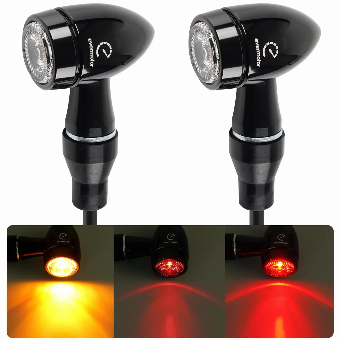 evermotor Mini kierunkowskazy LED motocyklowe uniwersalne CNC 12V 2 szt., aluminiowa obudowa typu Bullet z piękną obróbką powierzchni, wodoodporność IP67, oznaczenie E32 E-mark, żółty i czerwony