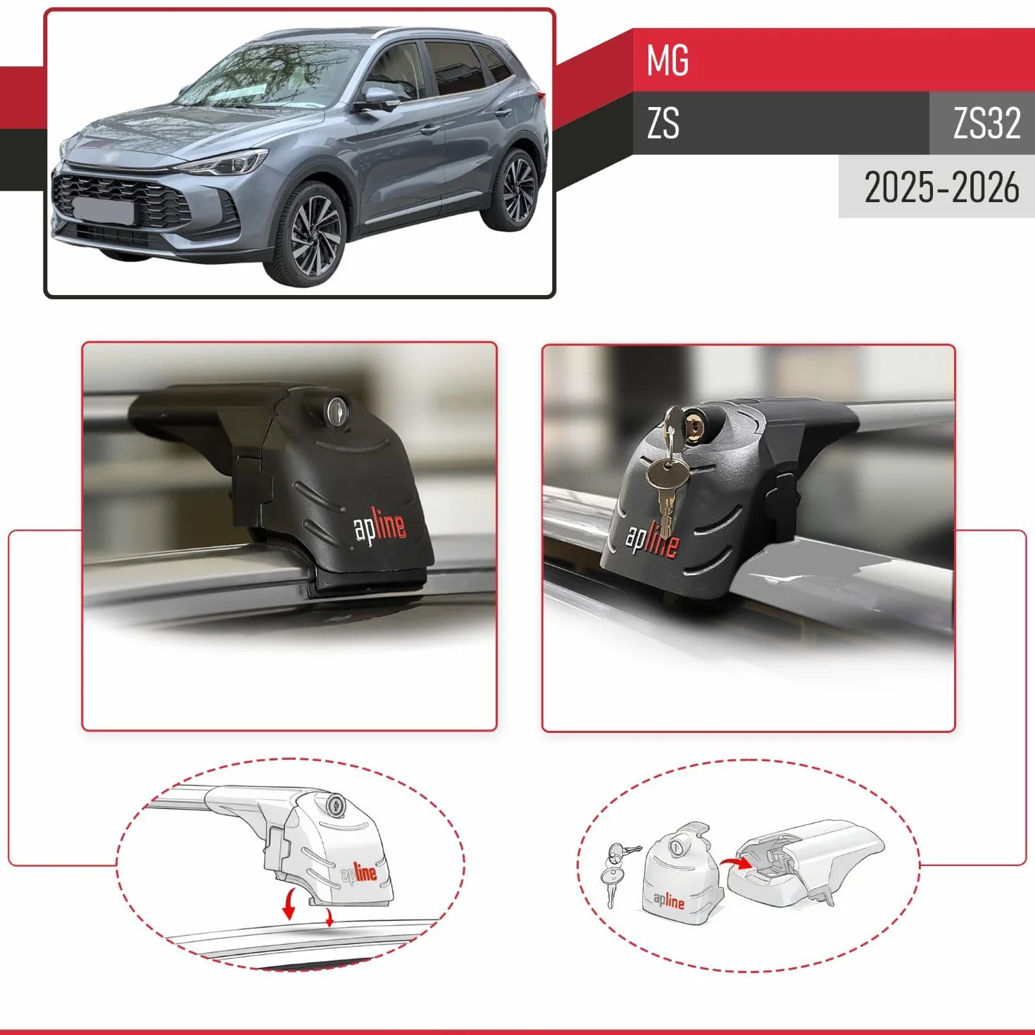 Kompatybilny z MG ZS (ZS32) 2025-2026 ACE-2 Aluminiowy bagażnik dachowy – 2 poprzeczki, szary