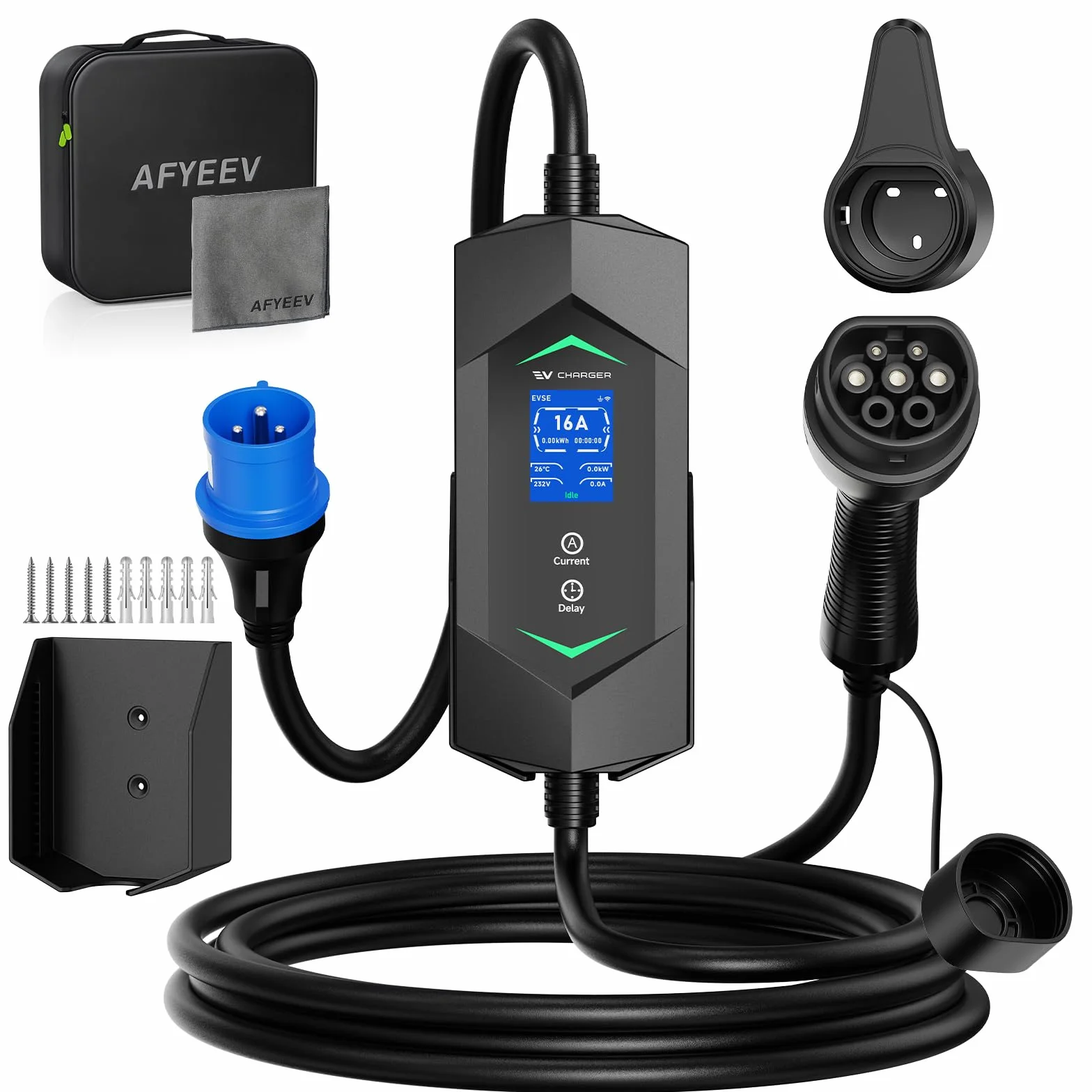 Kabel do ładowania typu 2 7 kW 5 m, 6-32 A 1-fazowy mobilny Wallbox, regulowana moc ładowania typu 2 kabel do ładowania wtyczka CEE, przenośna ładowarka EV i mobilna stacja ładująca do