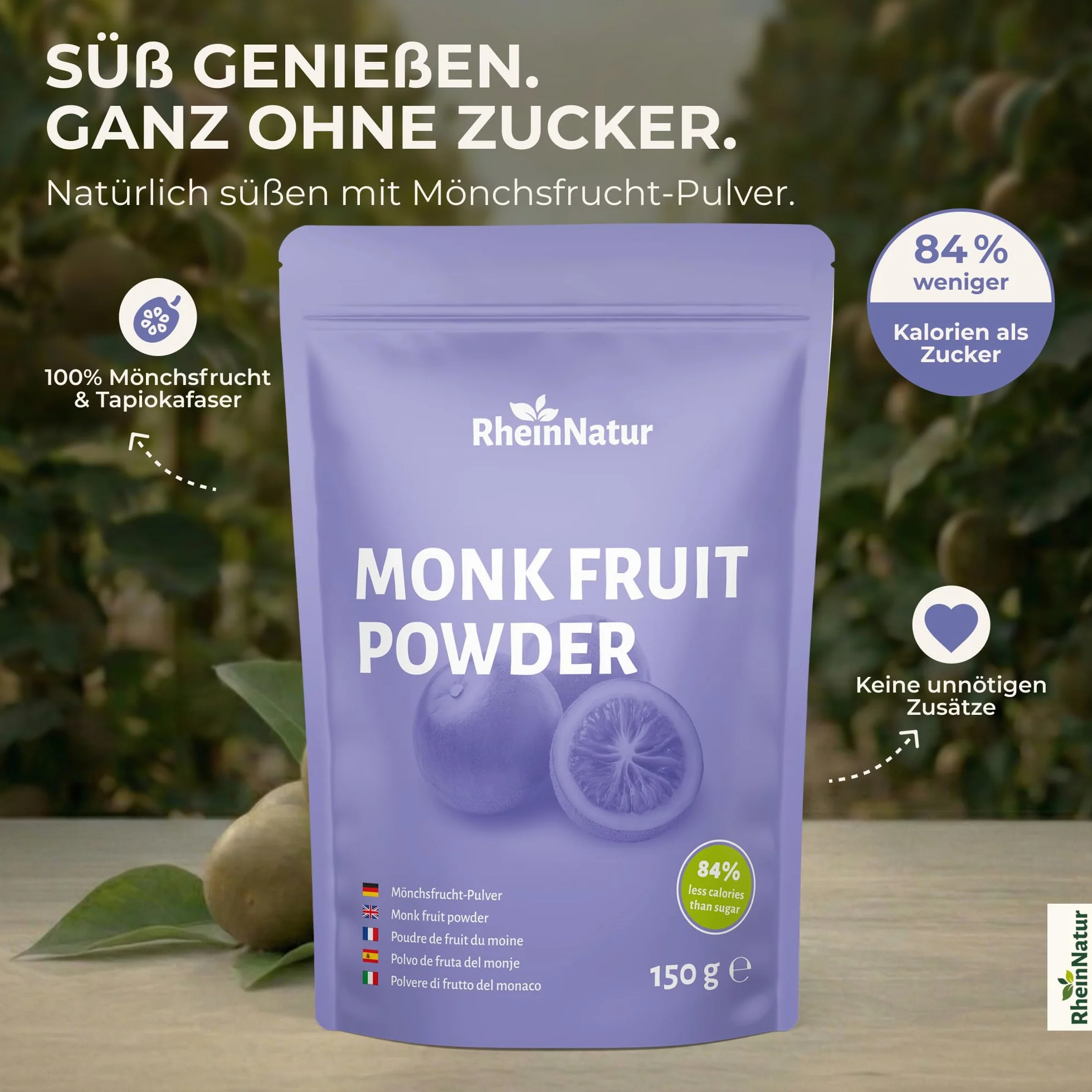RheinNatur Proszek z owoców mnicha 150 g naturalny substytut cukru bez cukru wegański niskokaloryczny
