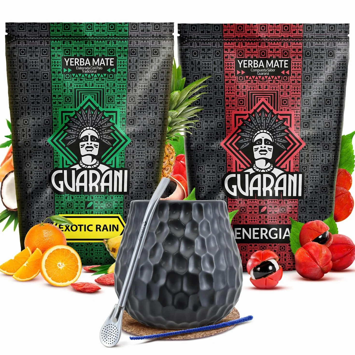 Guarani Energia con Guarana i Exotic Rain Yerba Mate Zestaw 2x500g 1kg Tykwa Bombilla Akcesoria