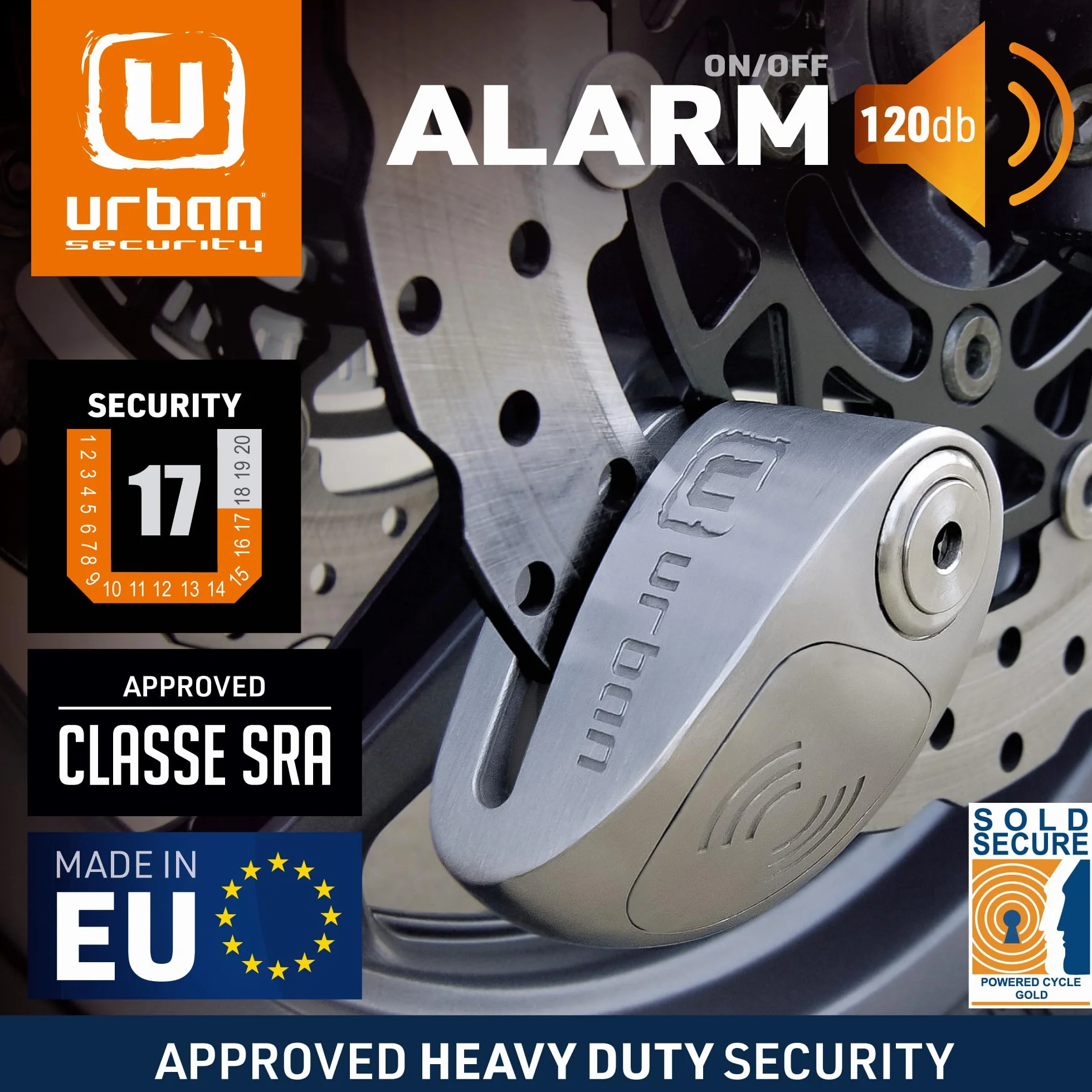 Urban UR910S Blokada Dysku z Alarmem 120 dB Podwójny Zamek 10 mm Homologowany SRA