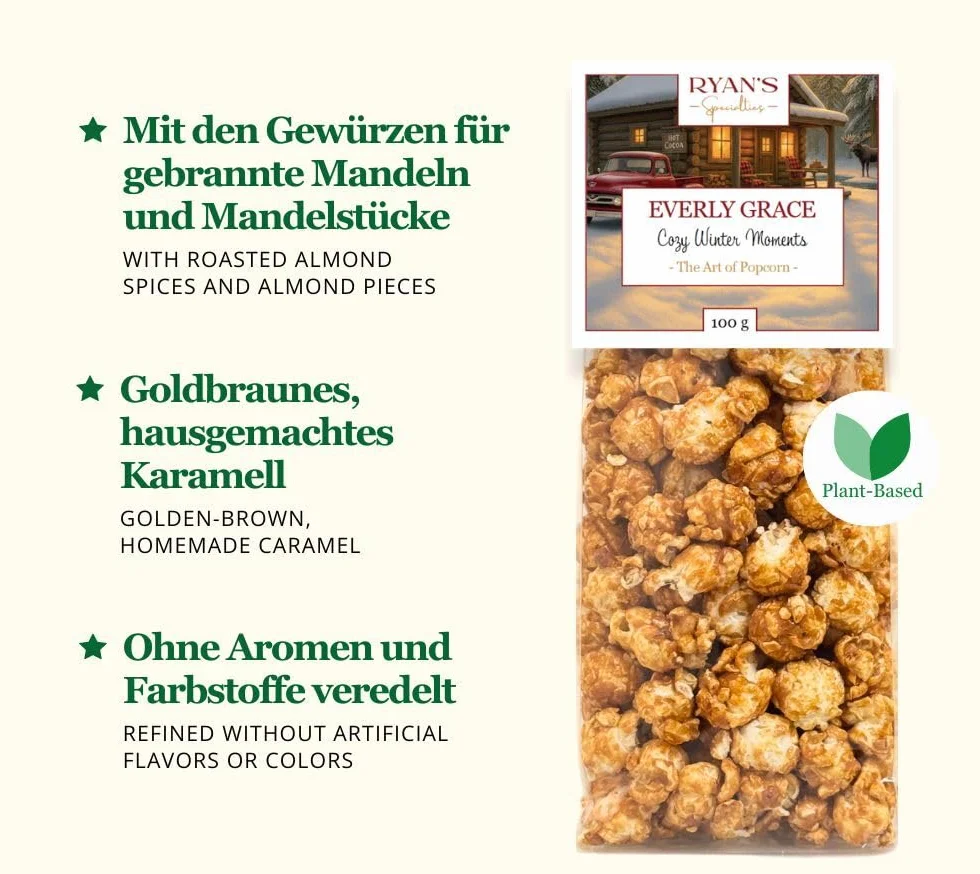 Everly Grace Popcorn Winter Bundle – Christmas Cookie, Bavarian Almond Symphony, Magical Chocolate Mint, po 100 g torebki popcornu z naszej manufaktury w Augsburgu, Niemcy