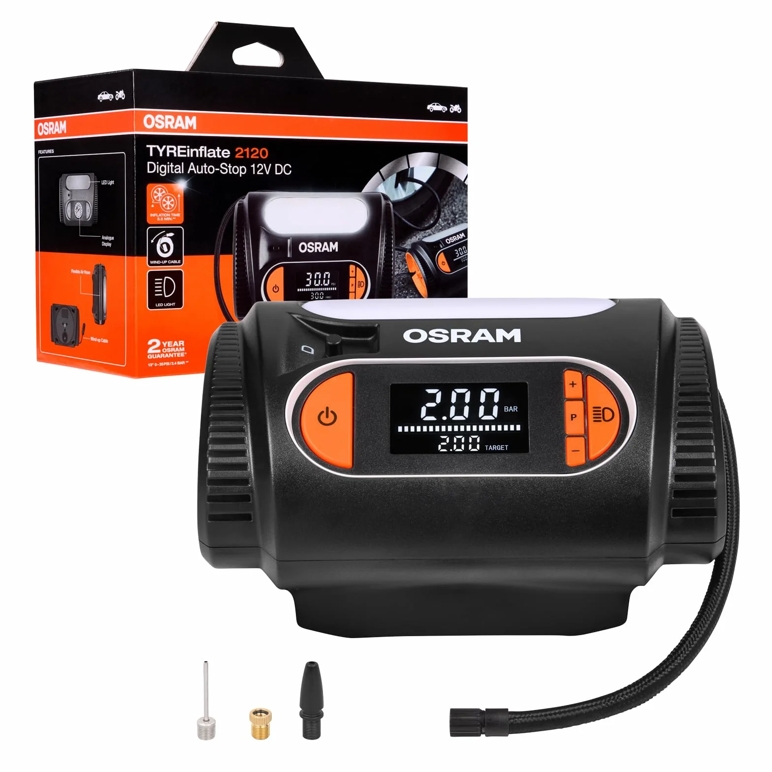 OSRAM TYREinflate 2120, duży wyświetlacz cyfrowy, programowalna funkcja automatycznego zatrzymania, kabel zasilający z bezpiecznikiem 12 V DC, pompowanie opon w 3,5 minuty