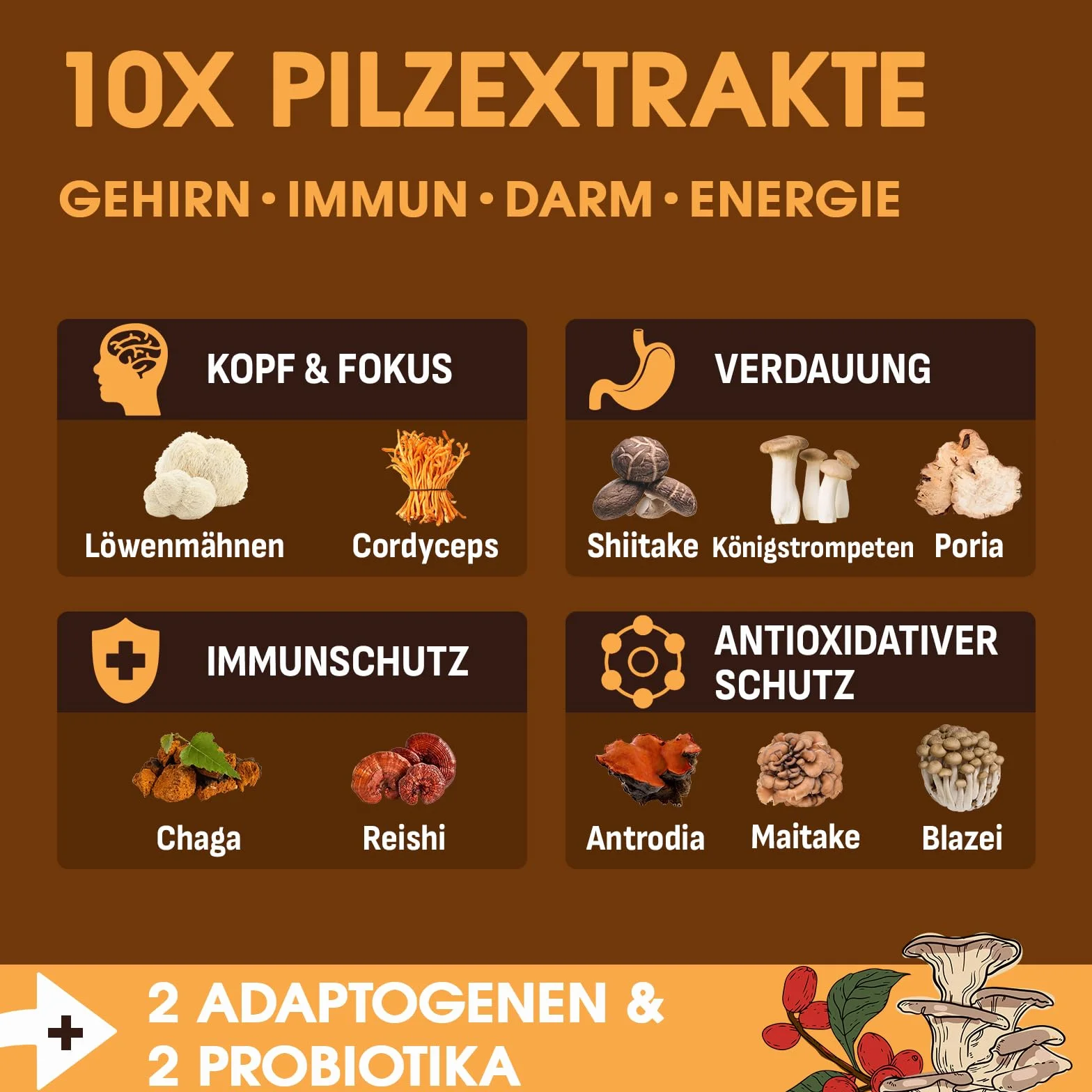 Kawa Grzybowa z Mieszanką Grzybów, Adaptogenami i Probiotykami, Instant Kawa Arabica z Lwią Grzywą, Chagą, Reishi i Cordycepsem, Ekstrakt z Grzybów w Proszku, 150 g