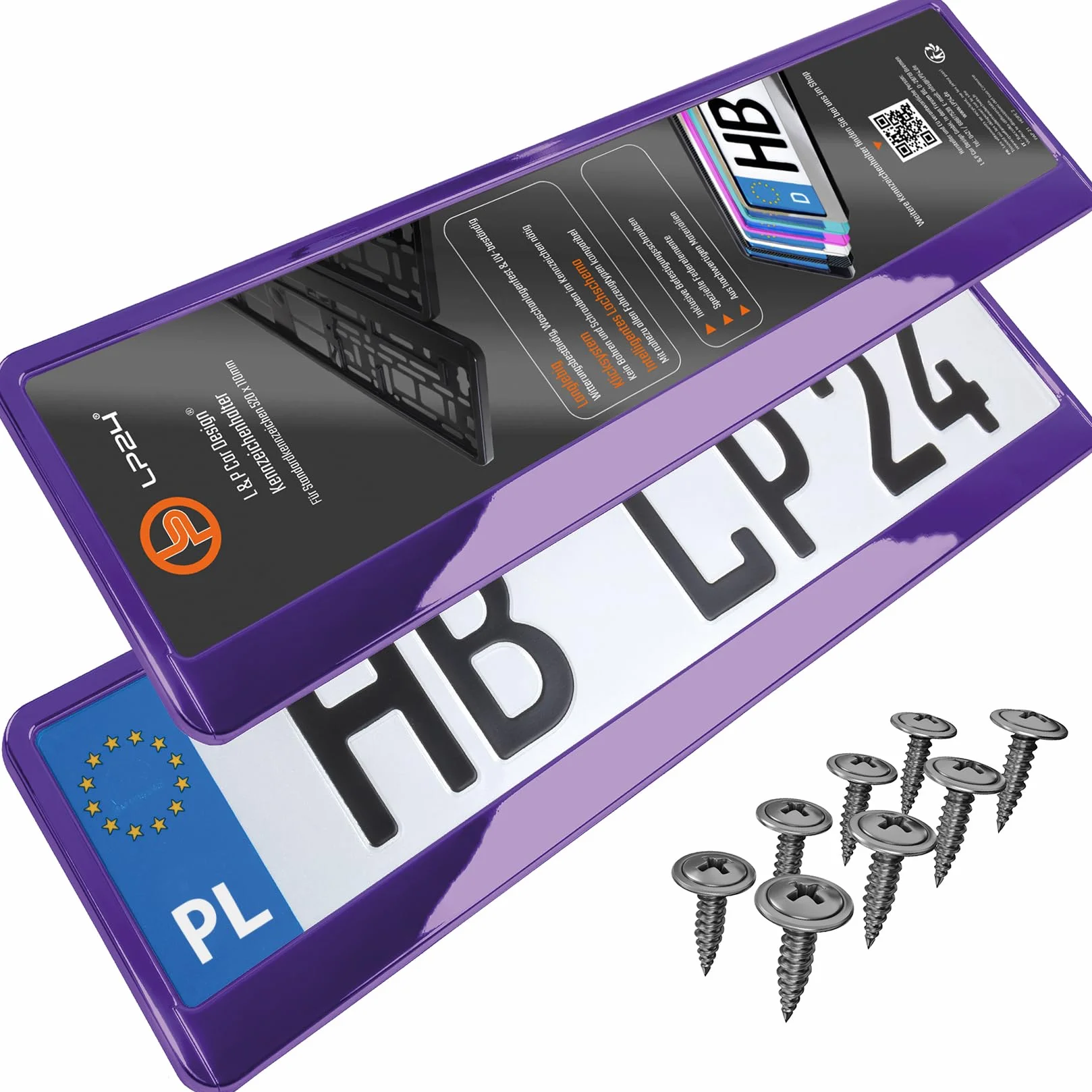 2x Uchwyt tablicy rejestracyjnej - trwały i bezpieczny - 8 śrub - fioletowy chrom - 520x110 mm - Ramka do tablic rejestracyjnych - pasuje do każdego samochodu - dla polskich tablic PL - uniwersalny