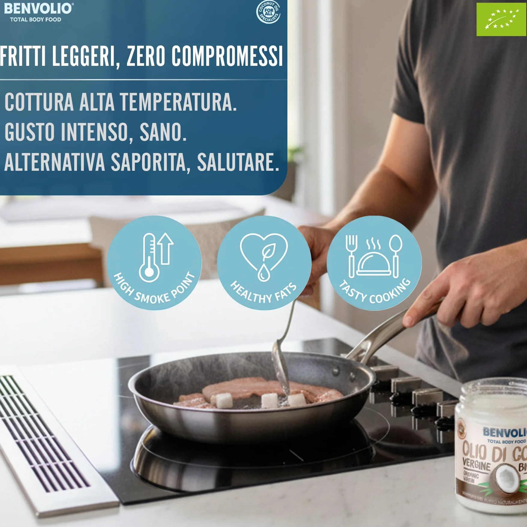 BENVOLIO – Organiczny Olej Kokosowy 200 ml | Idealny do Gotowania, Smażenia i Wypieków w Wysokich Temperaturach | Wielofunkcyjny do Pielęgnacji Skóry, Włosów i Oil Pulling (Olej kokosowy virgin)