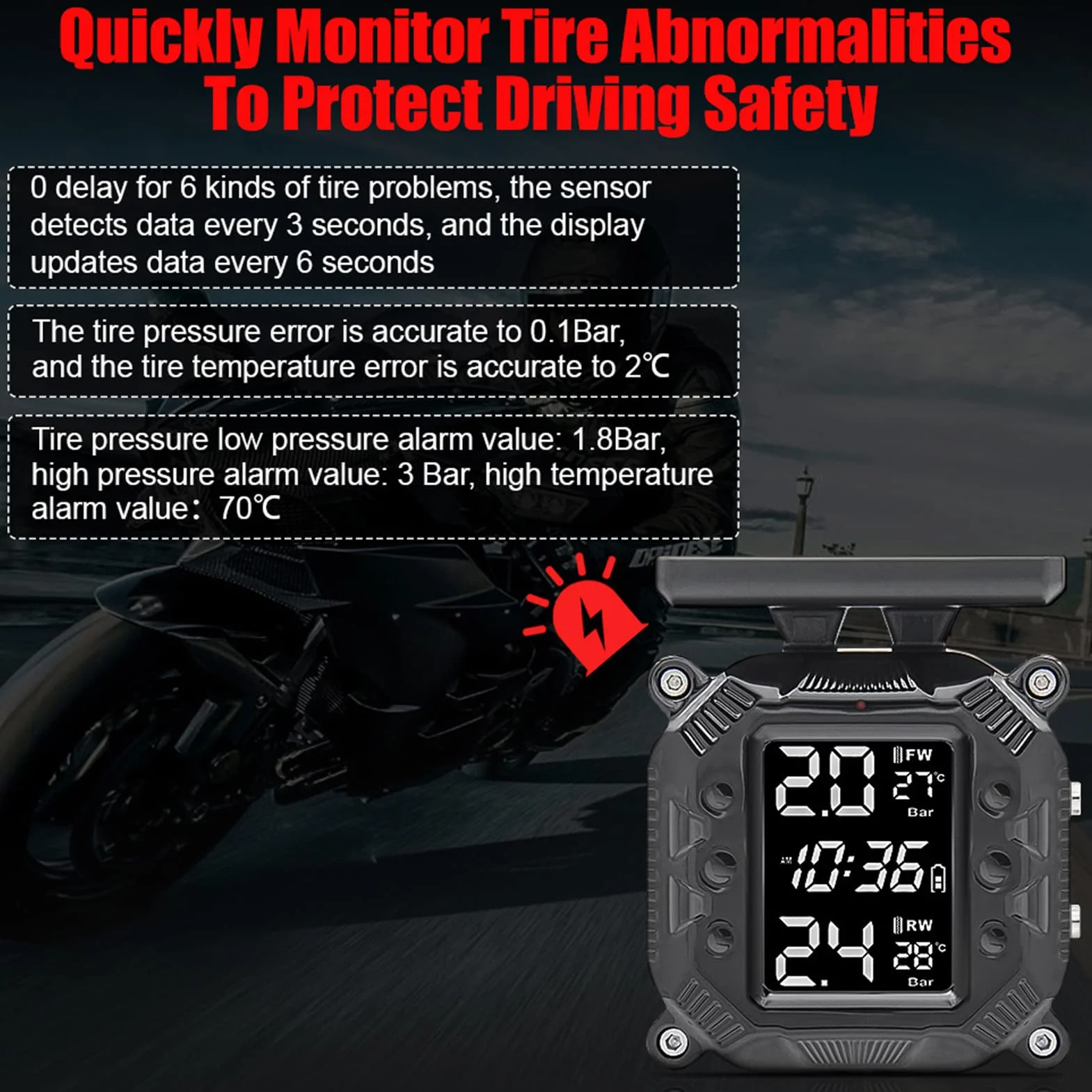 Motocykl TPMS Bezprzewodowy System Monitorowania Ciśnienia w Oponach Solar Power z Wyświetlaczem 2 Czujniki Zewnętrzne