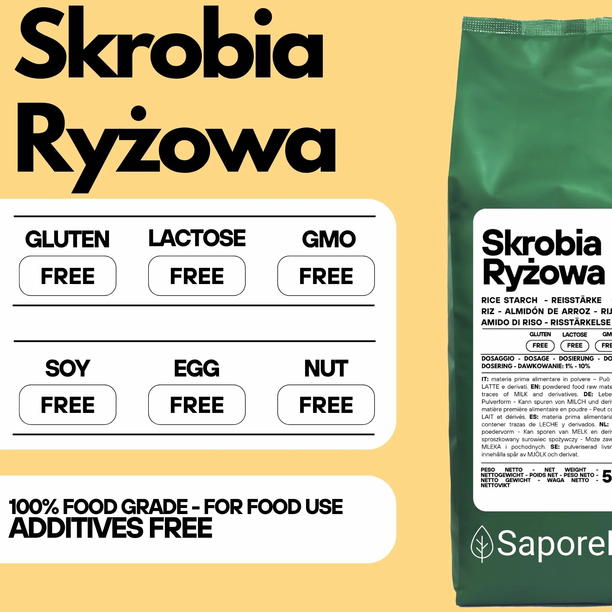 SaporePuro Naturalna Skrobia Ryżowa 500 g – Bezglutenowa, Włoska do Kosmetyki i Deserów