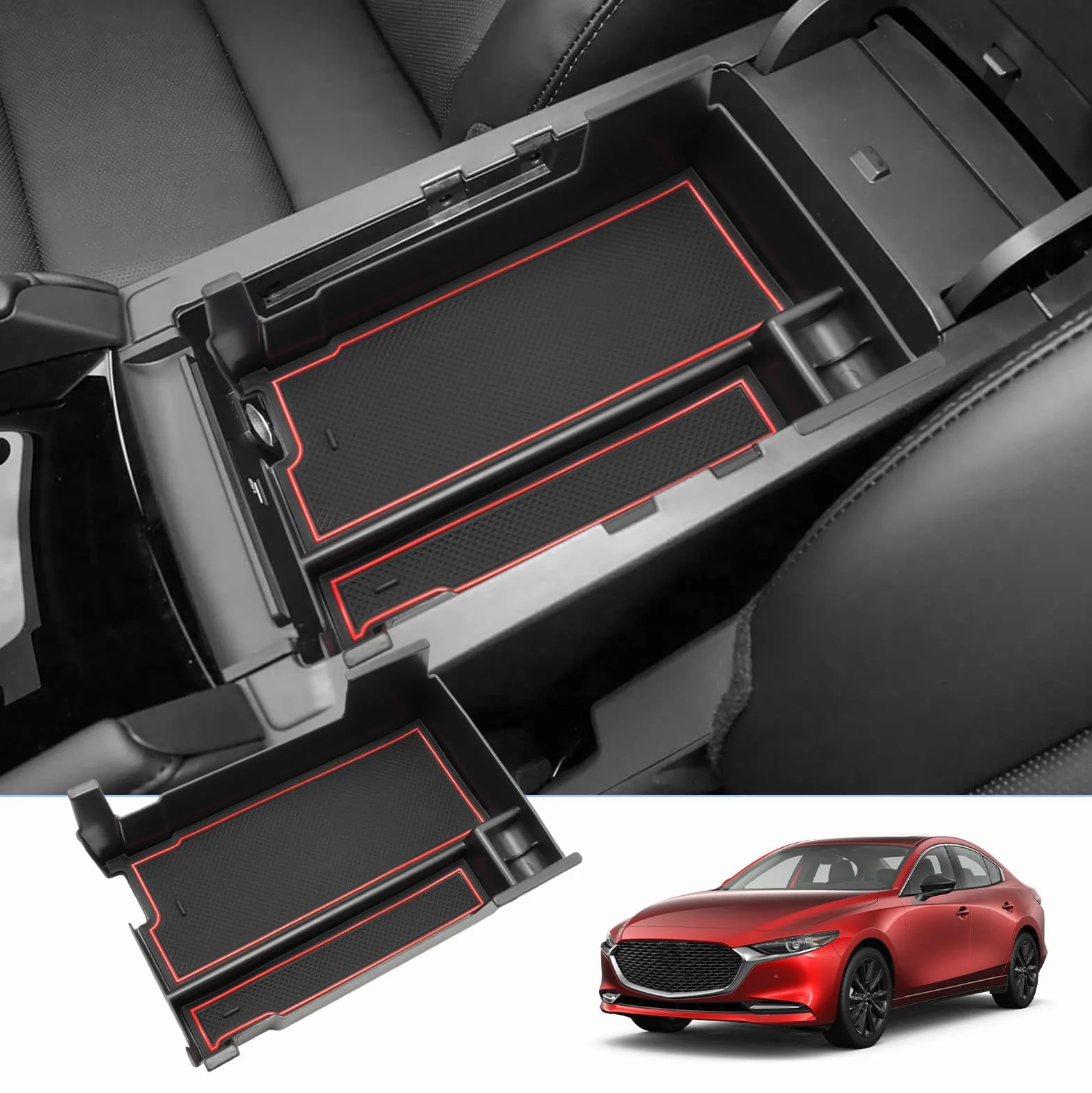 BIXUAN 2025 kompatybilny z 2019-2025 Mazda 3 BP, konsola środkowa, podłokietnik, organizer, taca, środkowy podłokietnik, schowek do przechowywania, akcesoria Mazda3, kolor czerwony