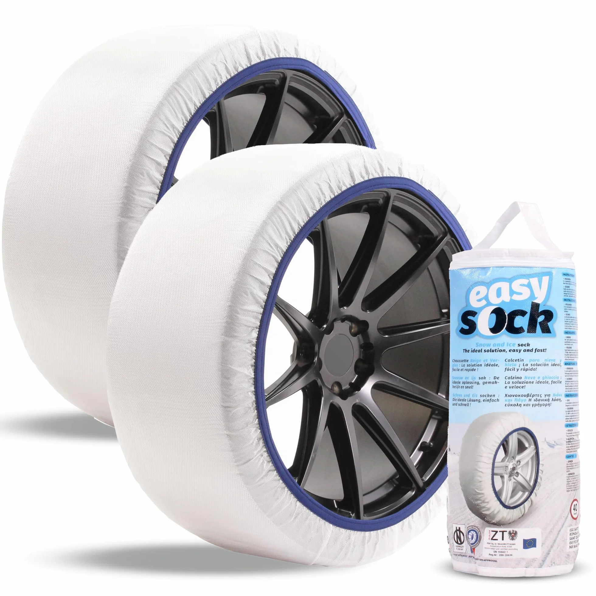 Easysock L - Tekstylne łańcuchy śniegowe do samochodu, Zatwierdzony zgodnie z normą EN 16662-1 - Tekstylne codzienne łańcuchy na śnieg i lód - 2 sztuki w zestawie