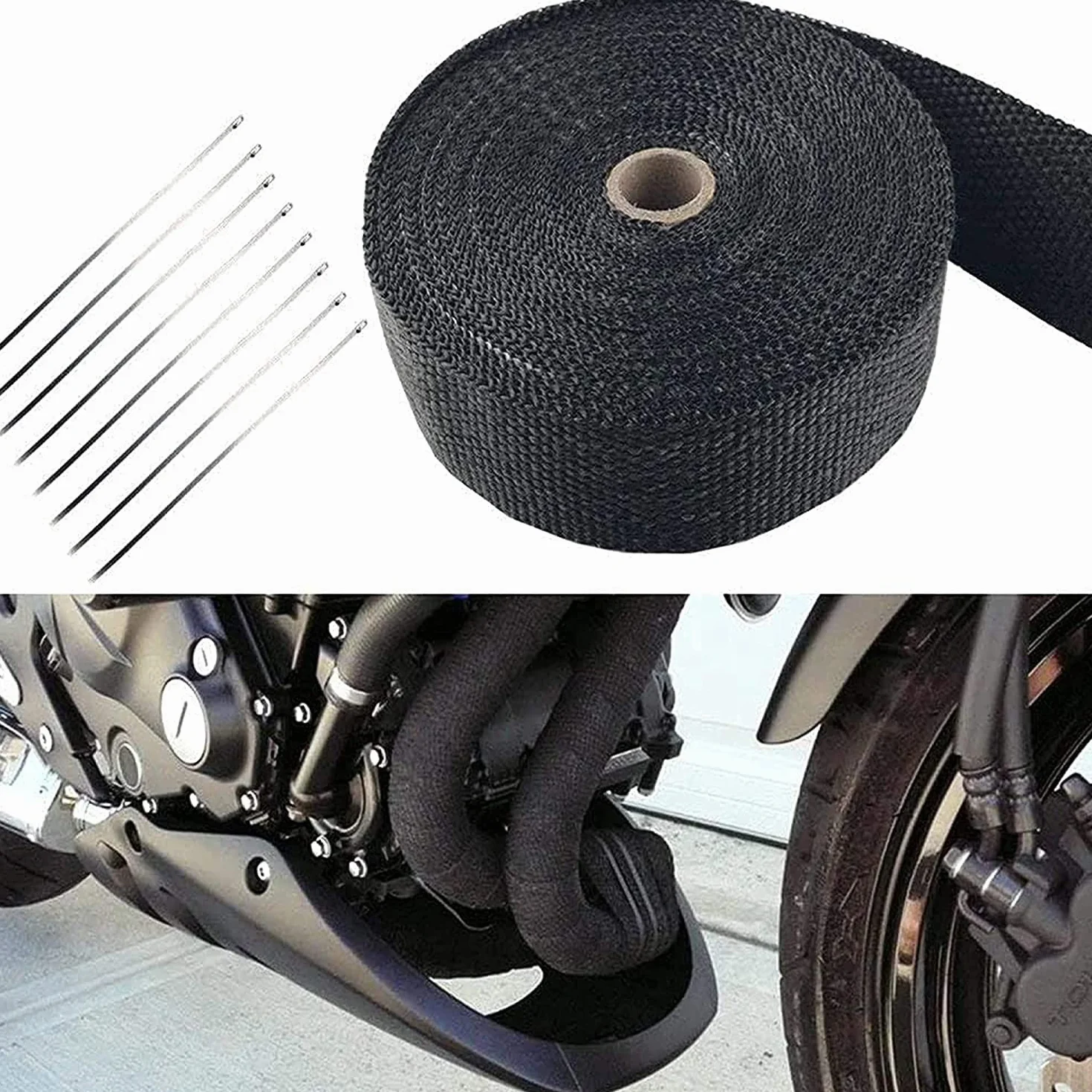 Taśma termiczna do wydechu motocykla 10 M, taśma termiczna Foneso z 10 zaciskami ze stali nierdzewnej, taśma wydechowa używana do kolektora wydechowego motocykla