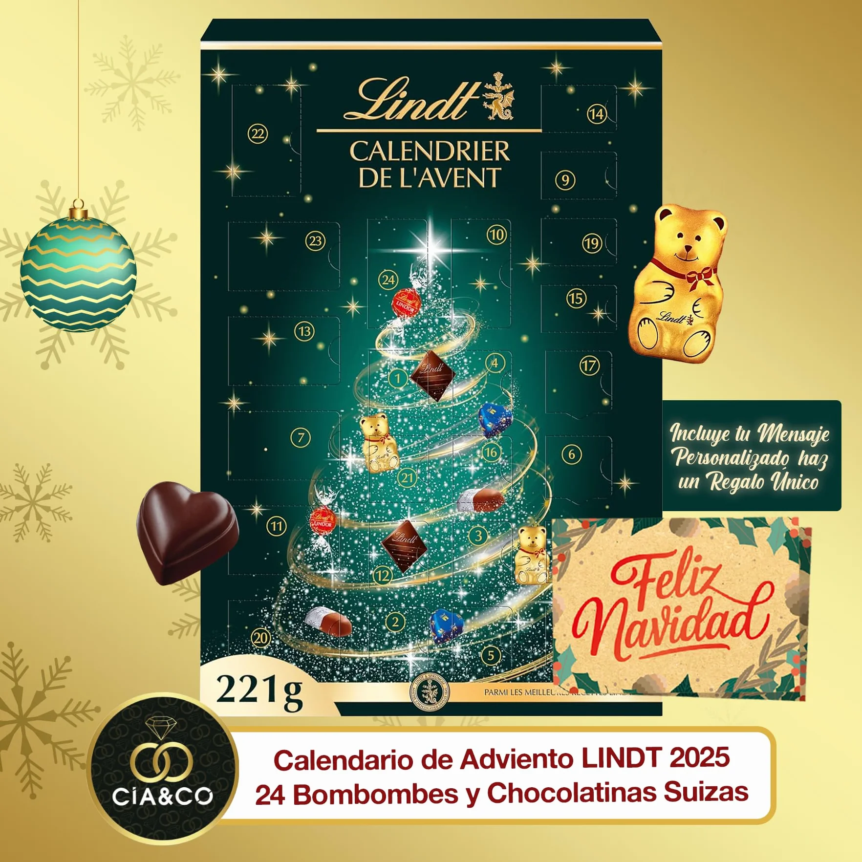 Kalendarz Adwentowy LINDT 2025 Choinka · 24 Szwajcarskie Czekoladki Lindor & Excellence · Zestaw Gourmet z Misiami, Sercami i Pralinami · Z Personalizowaną Kartką Cia&Co 221 g · Idealny Prezent Świąte