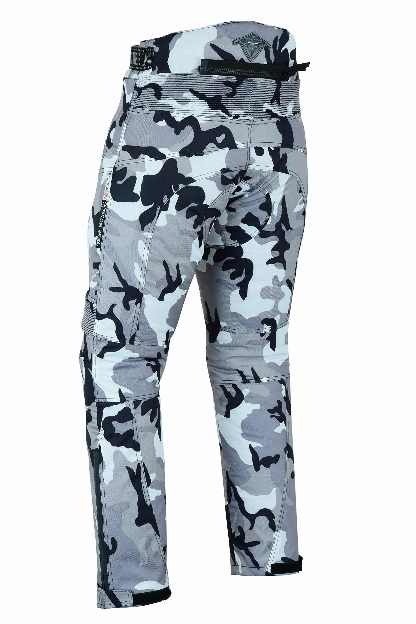 Texpeed Spodnie motocyklowe męskie ce - 4 sezony - Wodoodporne spodnie zimowe/letnie - Ochrona pancerza CE (EN 1621-1) - Kamuflaż Camouflage Szary - Wszystkie rozmiary