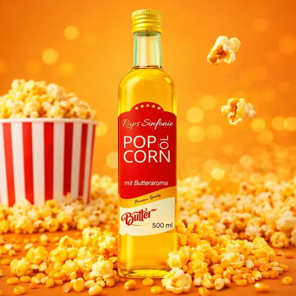 Hopser Food Fun 500 ml oleju do popcornu o delikatnym naturalnym smaku masła i praktycznym dzióbkiem do nalewania popcornu o smaku masła kukurydzianego nadającego się do podgrzewania tłuszcz symfonia rzepaku o smaku oleju z pestek winogron i masła