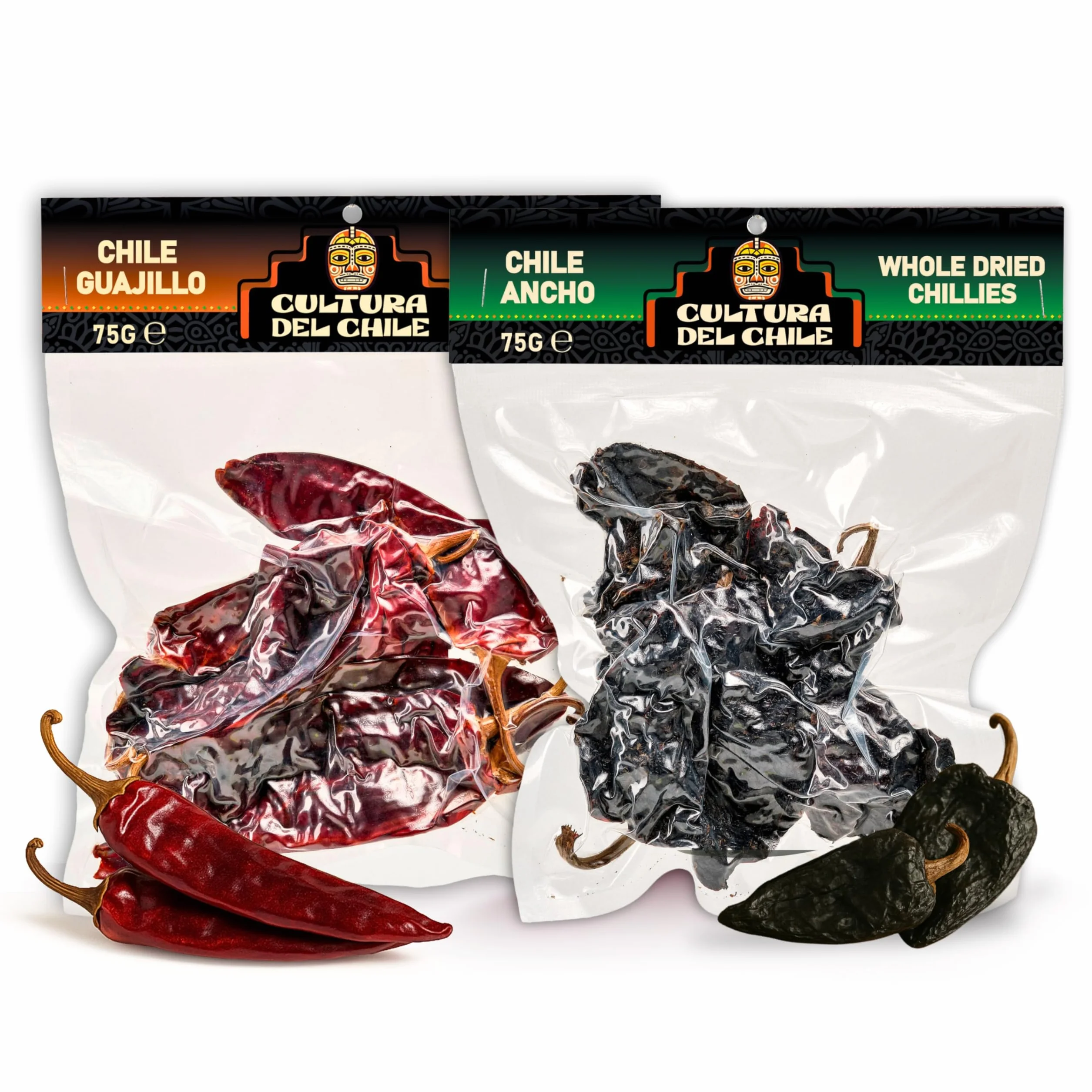 Pakiet całych meksykańskich suszonych papryczek chili. Guajillo 75 g i Ancho 75 g (łącznie 150 g), całkowicie naturalne, lekkie do średniego ciepła dla autentycznego meksykańskiego smaku. Idealny do
