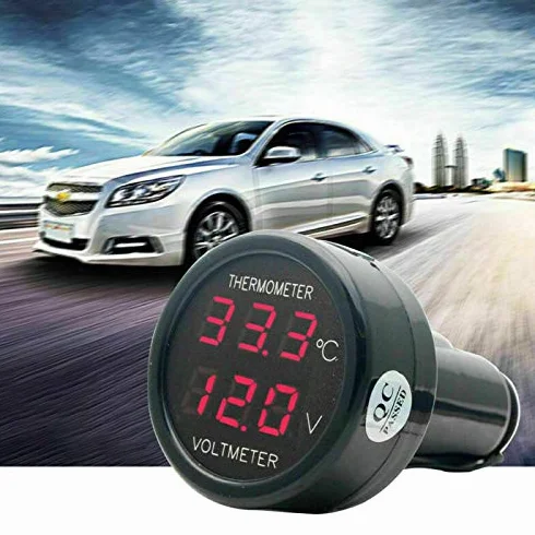 Woltomierz i termometr 2 w 1, DC 12 V 24 V LED zapalniczka samochodowa podwójny termometr cyfrowy, woltomierz, cyfrowy wyświetlacz baterii, miernik temperatury, monitor, miernik temperatury