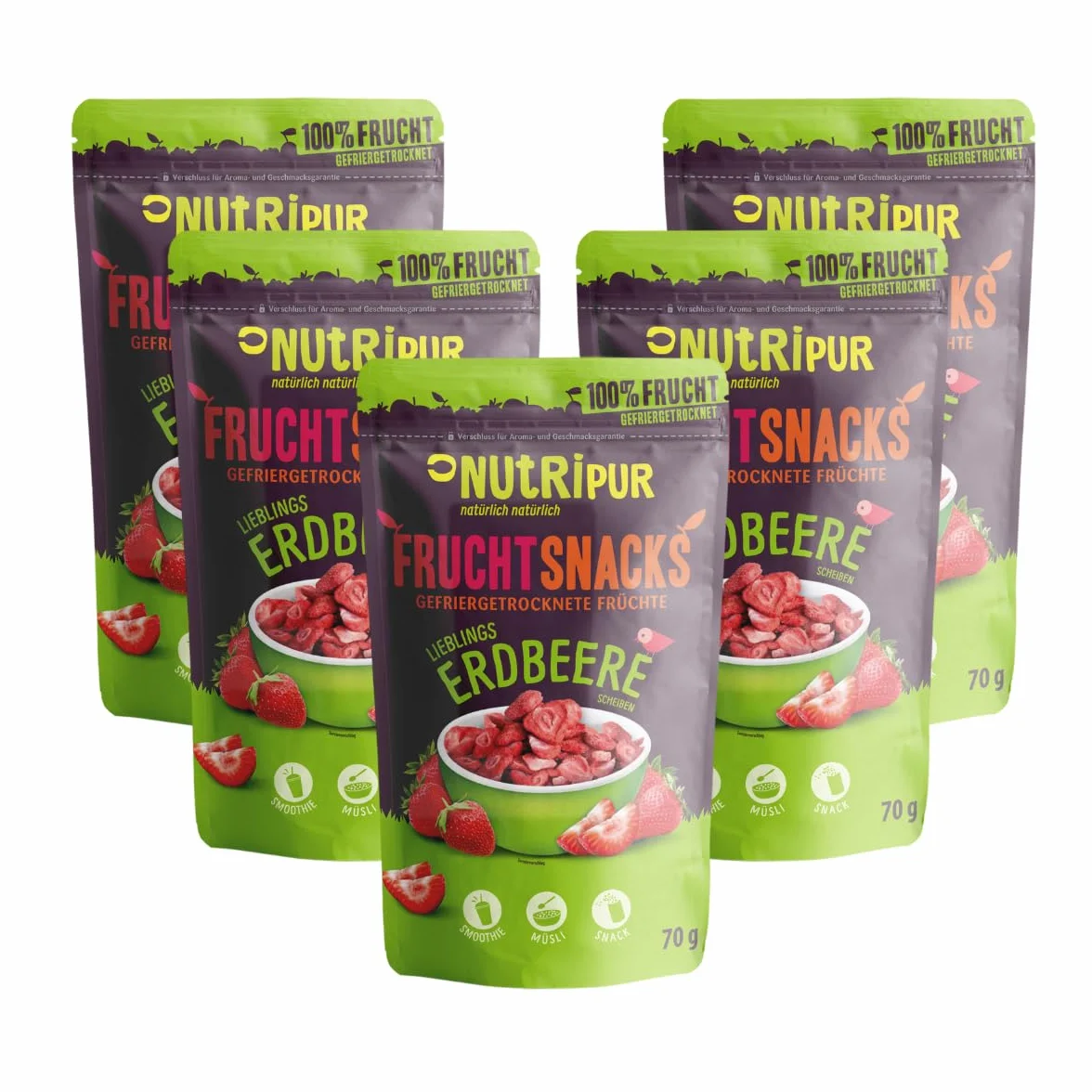 Truskawki suszone w zamrażarce: 5 x 70 g Suszone truskawki w zestawie – mrożone truskawki bez dodatku cukru – suszone owoce firmy NutriPur
