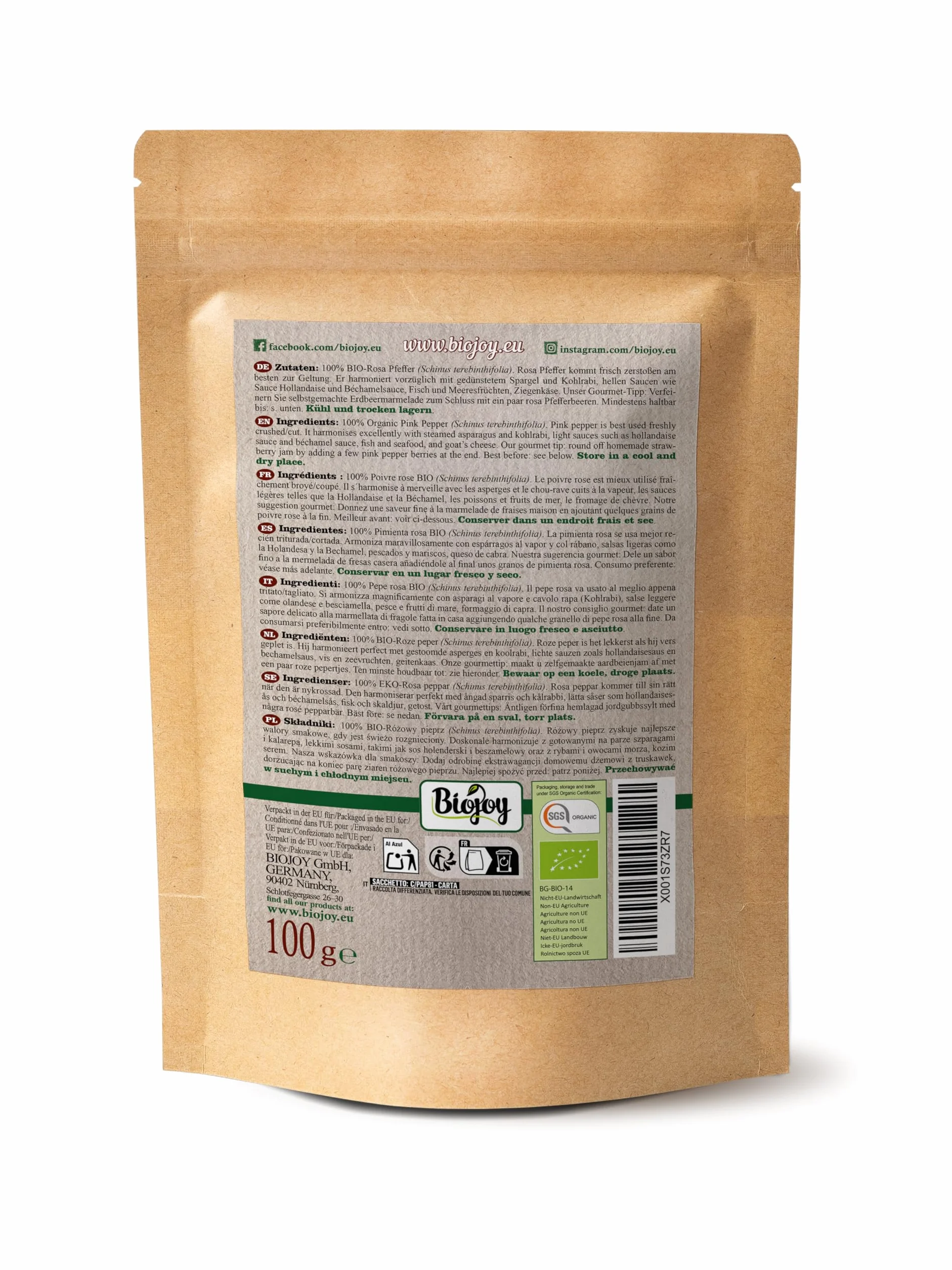 Biojoy Ekologiczny Różowy pieprz cały (100 g), jagody pieprzu różowego bez dodatków (Schinus terebinthifolia)