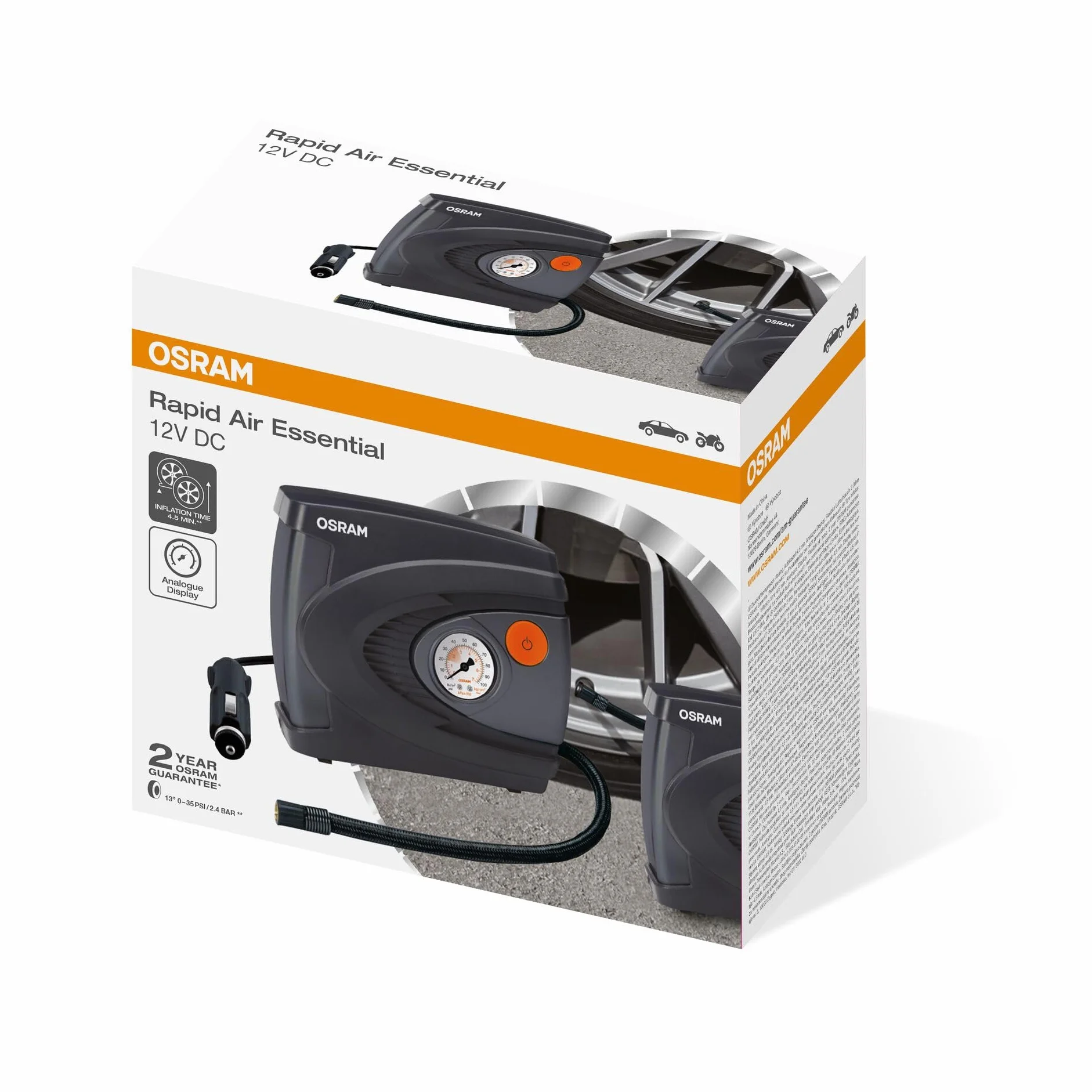 OSRAM Rapid Air Essential, kompaktowa analogowa pompka do opon, pompuje oponę w 4,5 minuty, OTI610, zasilana z gniazda samochodowego 12 V