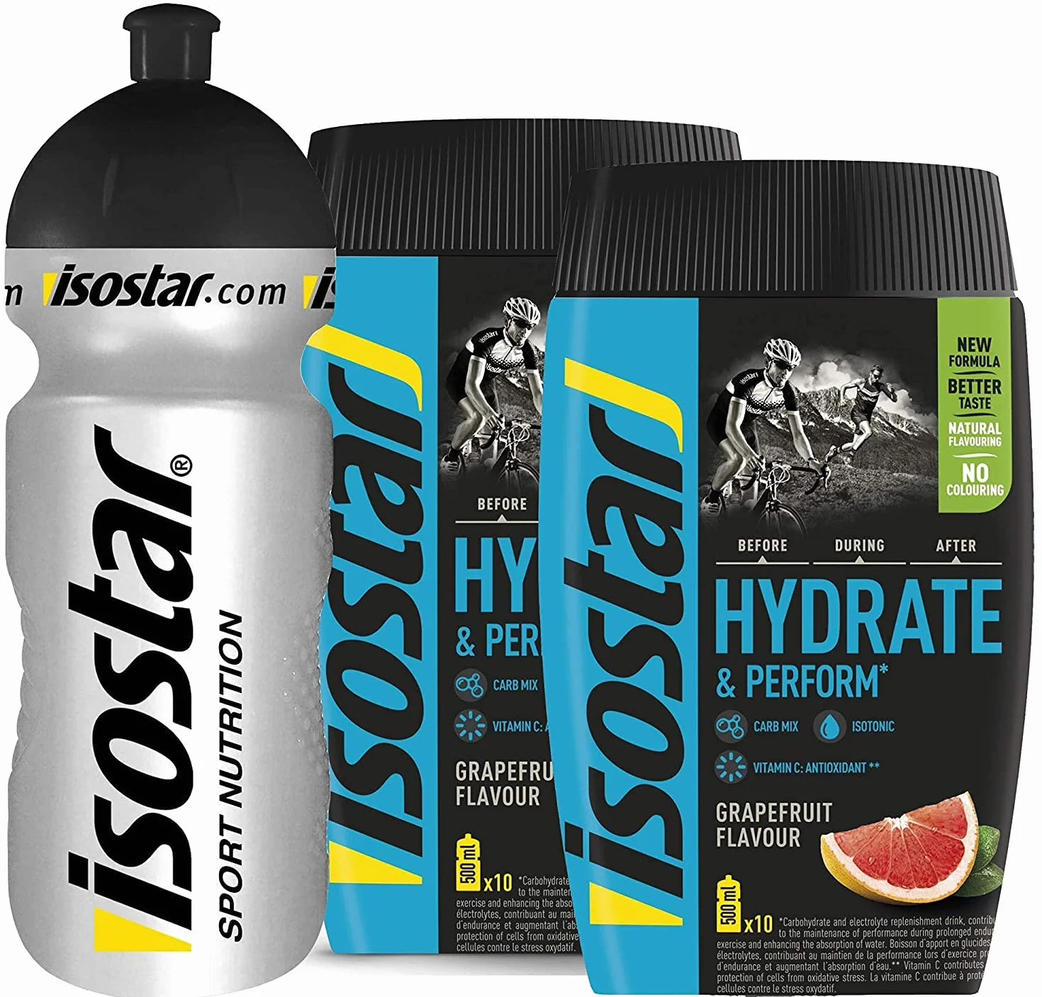 Isostar Hydrate & Perform Iso Drink – 400 g izotonicznego proszku do napojów – proszek elektrolitowy do wspierania sportowej wydajności – 2 x greperfruit + butelka 0,5 litra