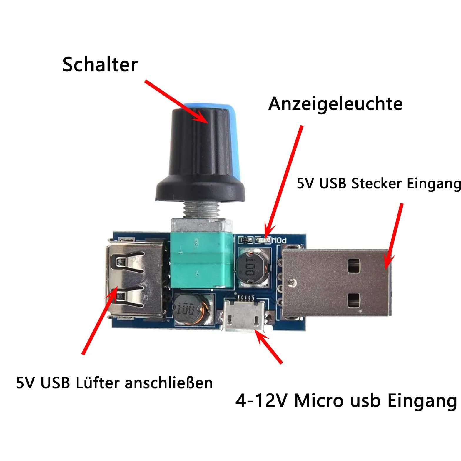 GERUI Mini wentylator 5 V, regulator prędkości obrotowej USB, regulator prędkości obrotowej DC 4-12 V do 2,5-8 V, regulator prędkości obrotowej z przełącznikiem