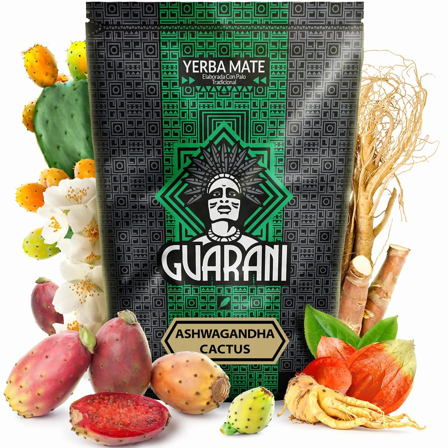 Guarani Ashwagandha Cactus 0,5 kg | Ziołowa yerba mate 500 g | Ashwagandha, żeń-szeń, kwiat opuncji figowej | Moc naturalnej kofeiny | Herbata yerba mate z Paragwaju