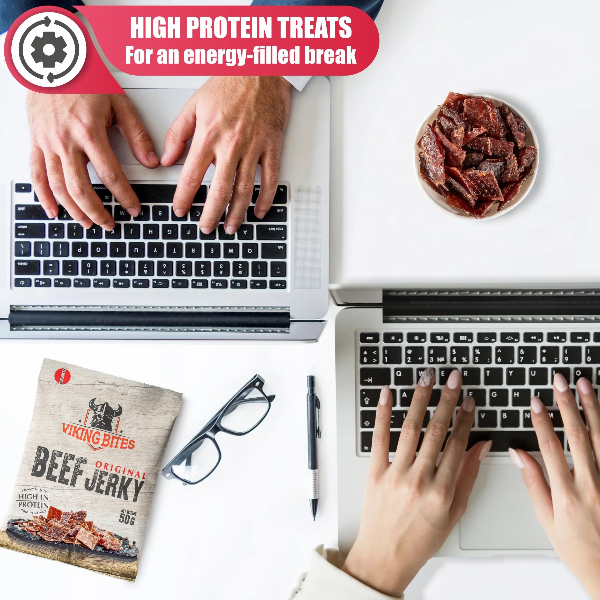 Viking Bites Beef Jerky Original 400 g (8 x 50 g) – Suszona wołowina Oryginalna – Przekąska mięsna o wysokiej zawartości białka
