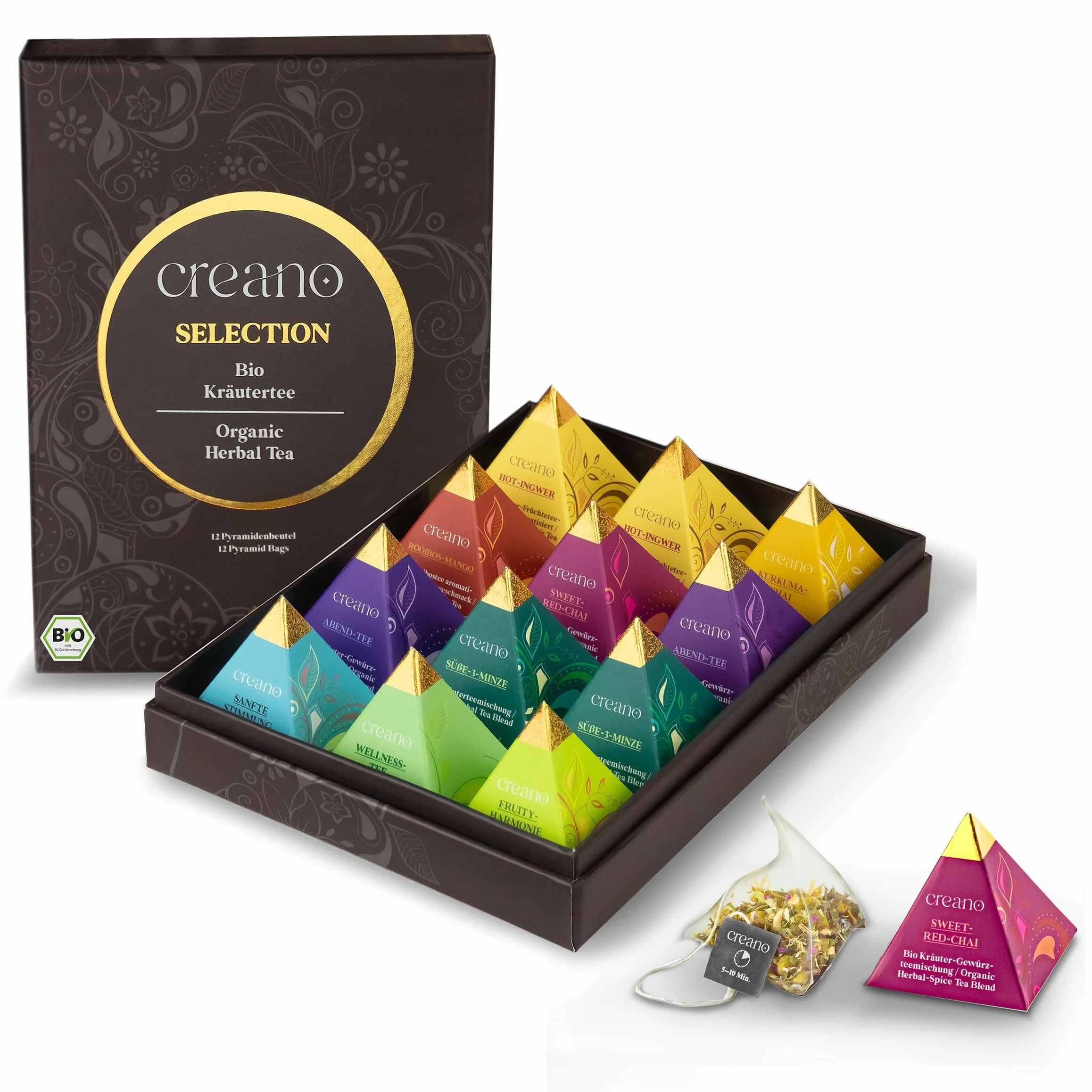 Creano Zestaw upominkowy Bio Premium Pyramide Herbata Herbata Herbata Zielona Herbata z 14 Piramidalnymi saszetkami w 9 różnych odmianach*